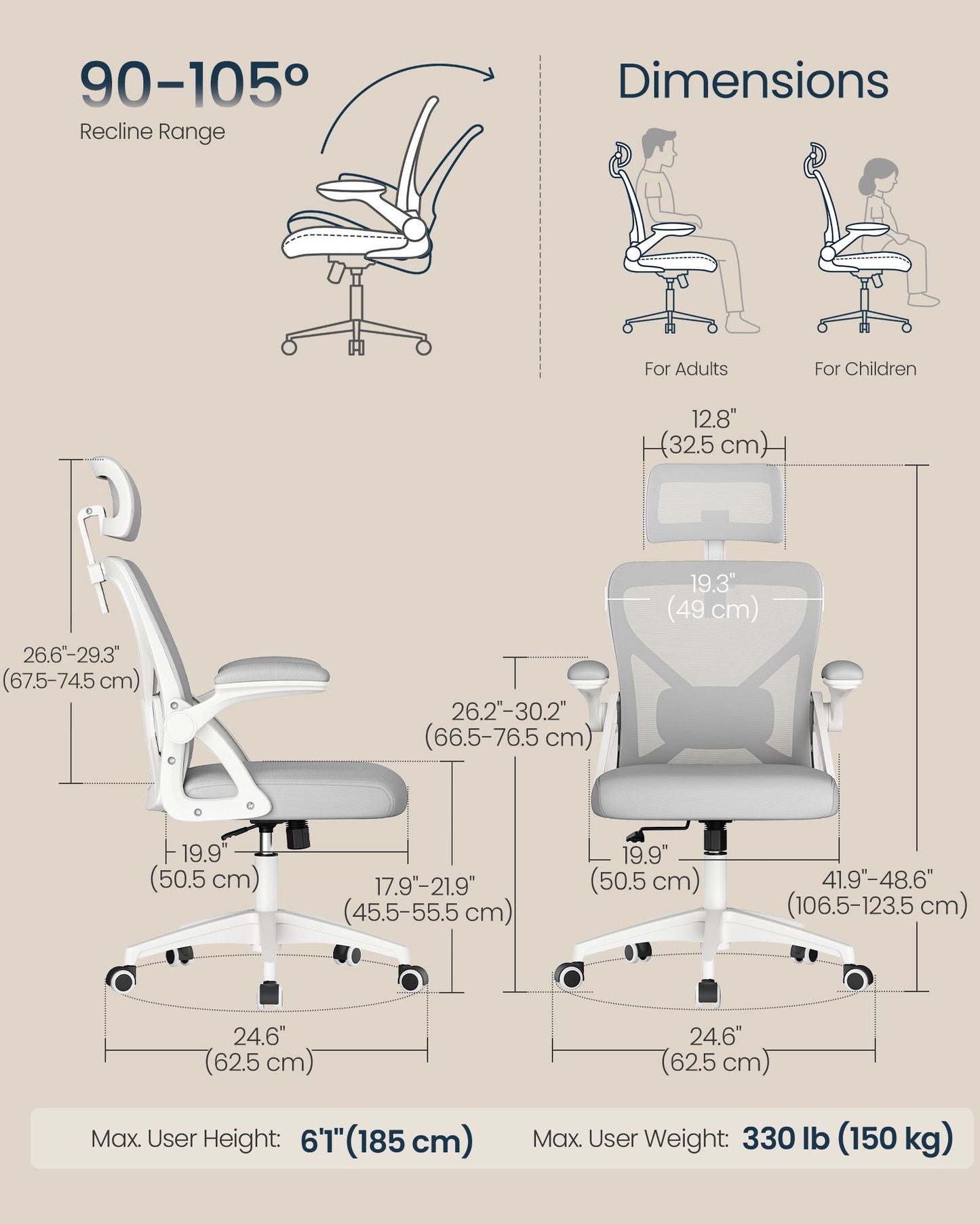 Ergonomic Mesh Desk Chair with Flip-Up Armrests and Headrest, Computer Office Chair in Dove Gray - image 4