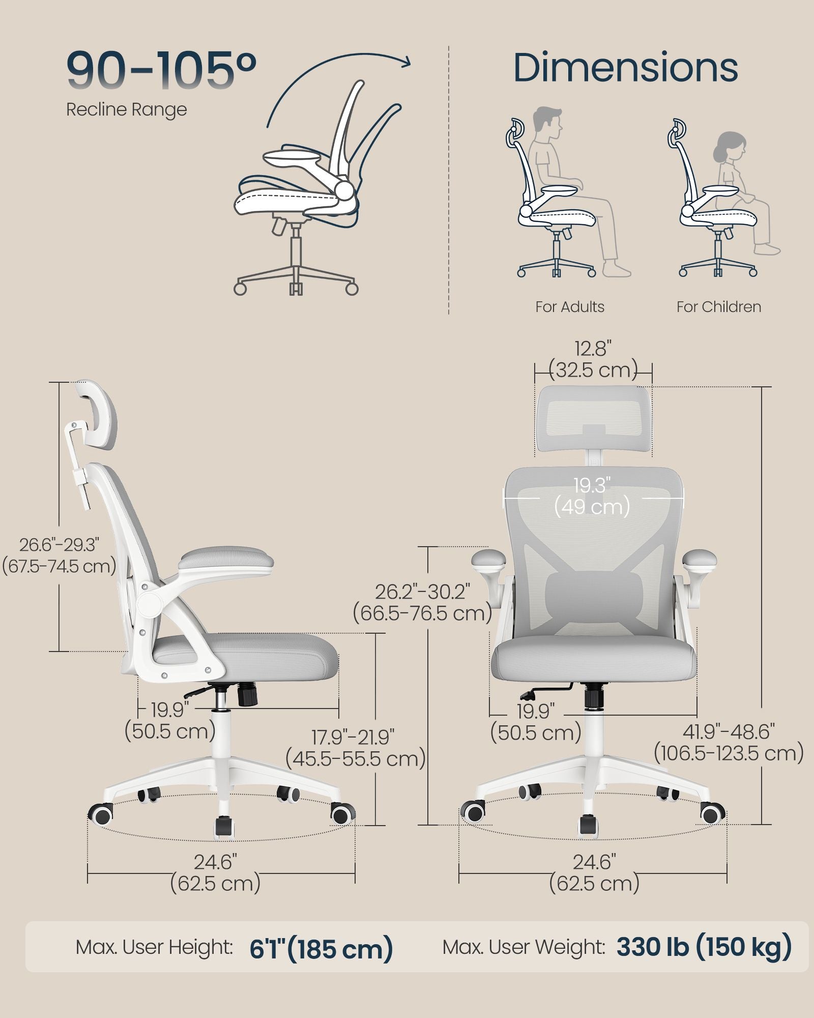 Ergonomic Mesh Desk Chair with Flip-Up Armrests and Headrest, Computer Office Chair in Dove Gray - image 4