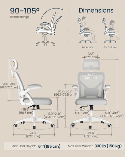 Ergonomic Mesh Desk Chair with Flip-Up Armrests and Headrest, Computer Office Chair in Dove Gray - image 4
