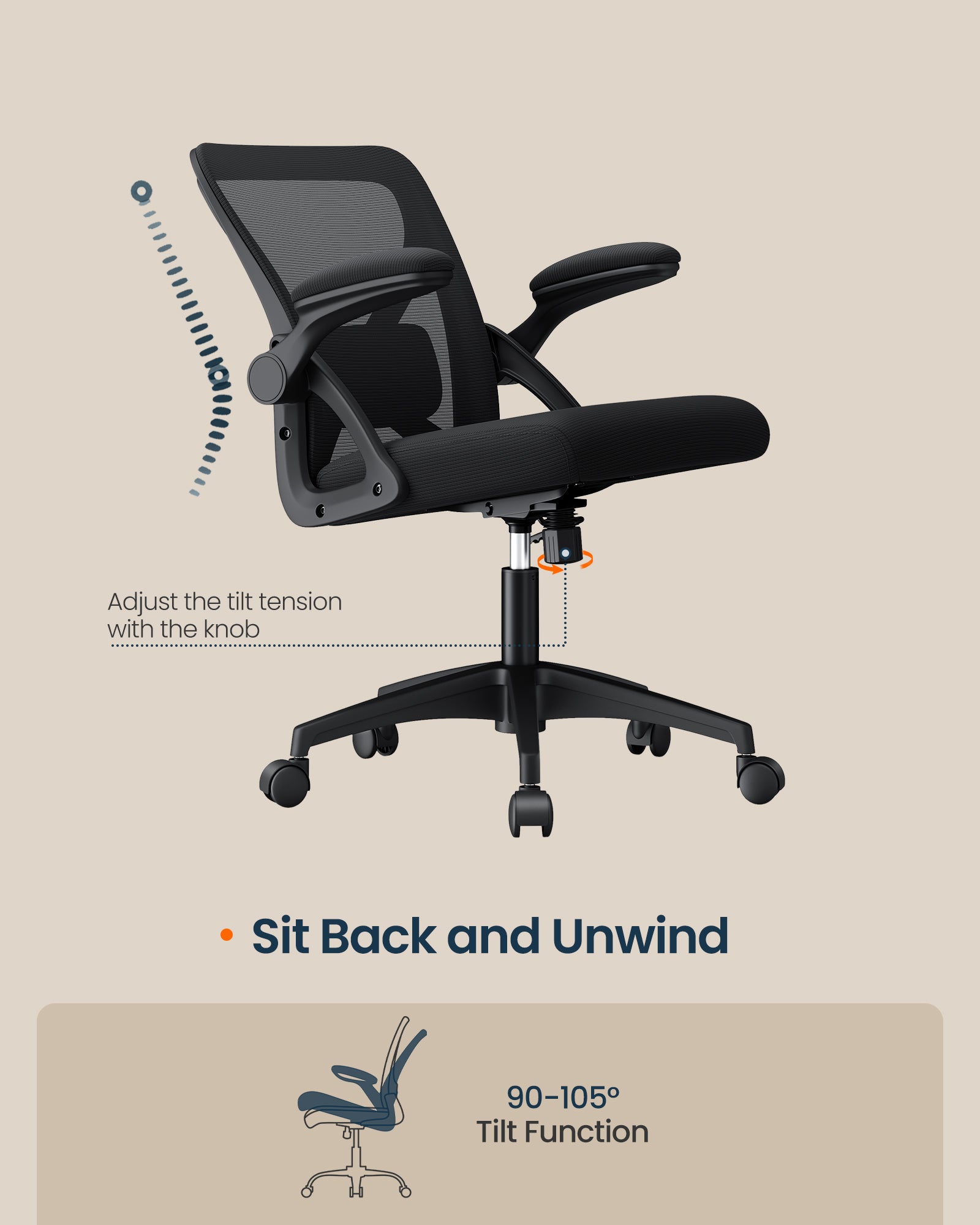 Ergonomic Mesh Desk Chair with Flip-Up Armrests, Computer Office Chair in Ink Black - image 3