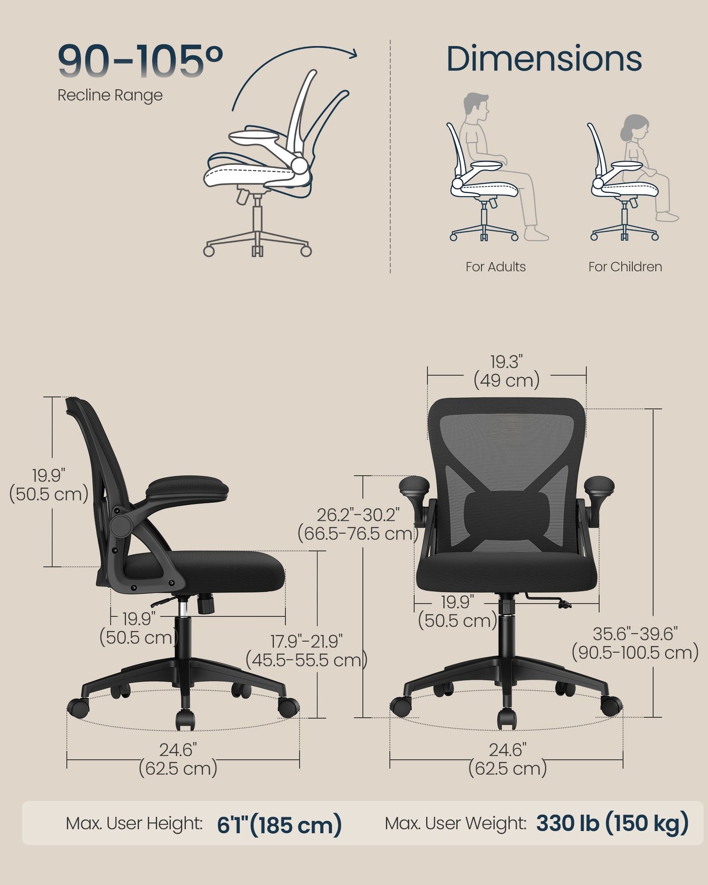 Ergonomic Mesh Desk Chair with Flip-Up Armrests, Computer Office Chair in Ink Black - image 4