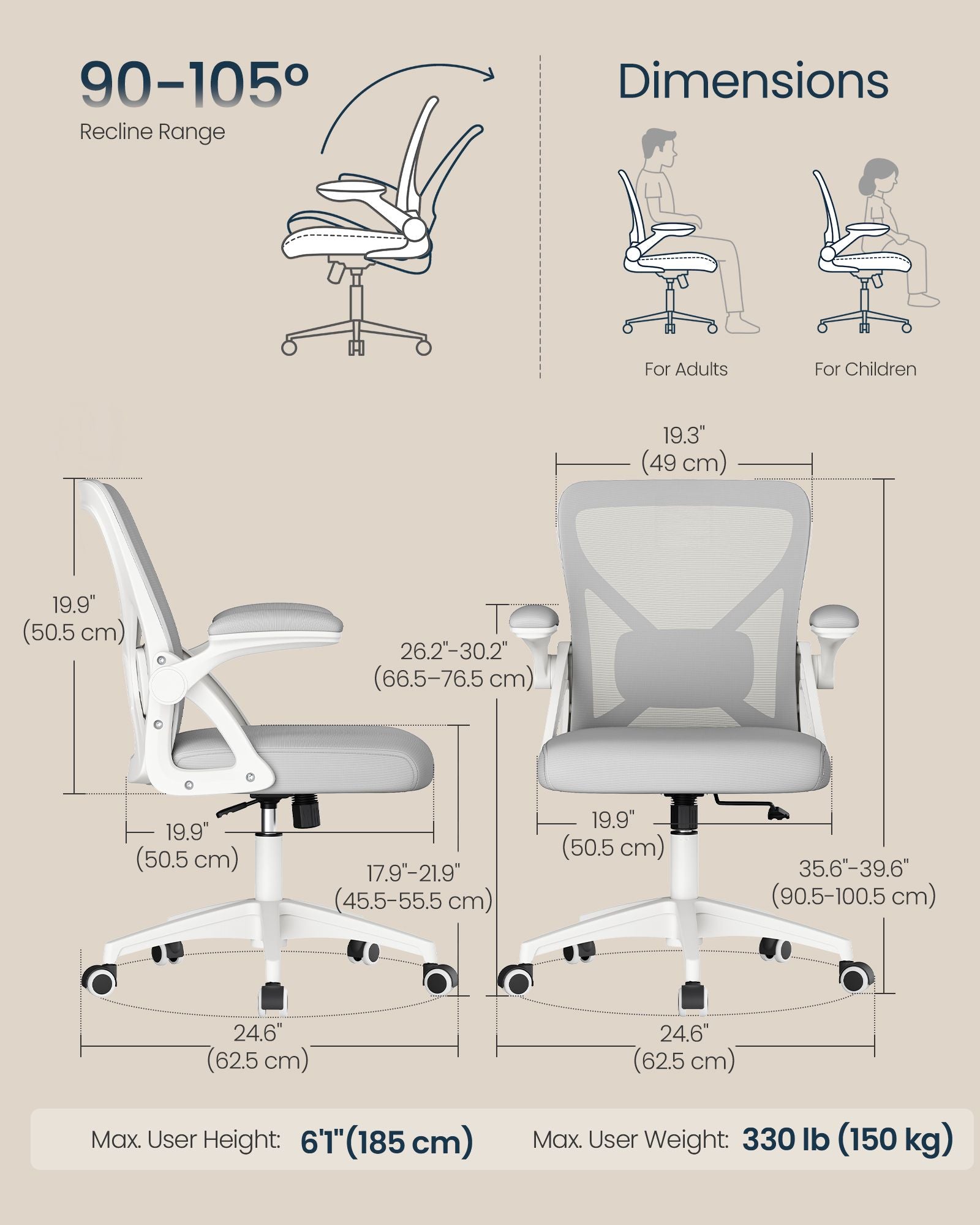 Ergonomic Mesh Desk Chair with Flip-Up Armrests, Computer Office Chair in Dove Gray - image 4