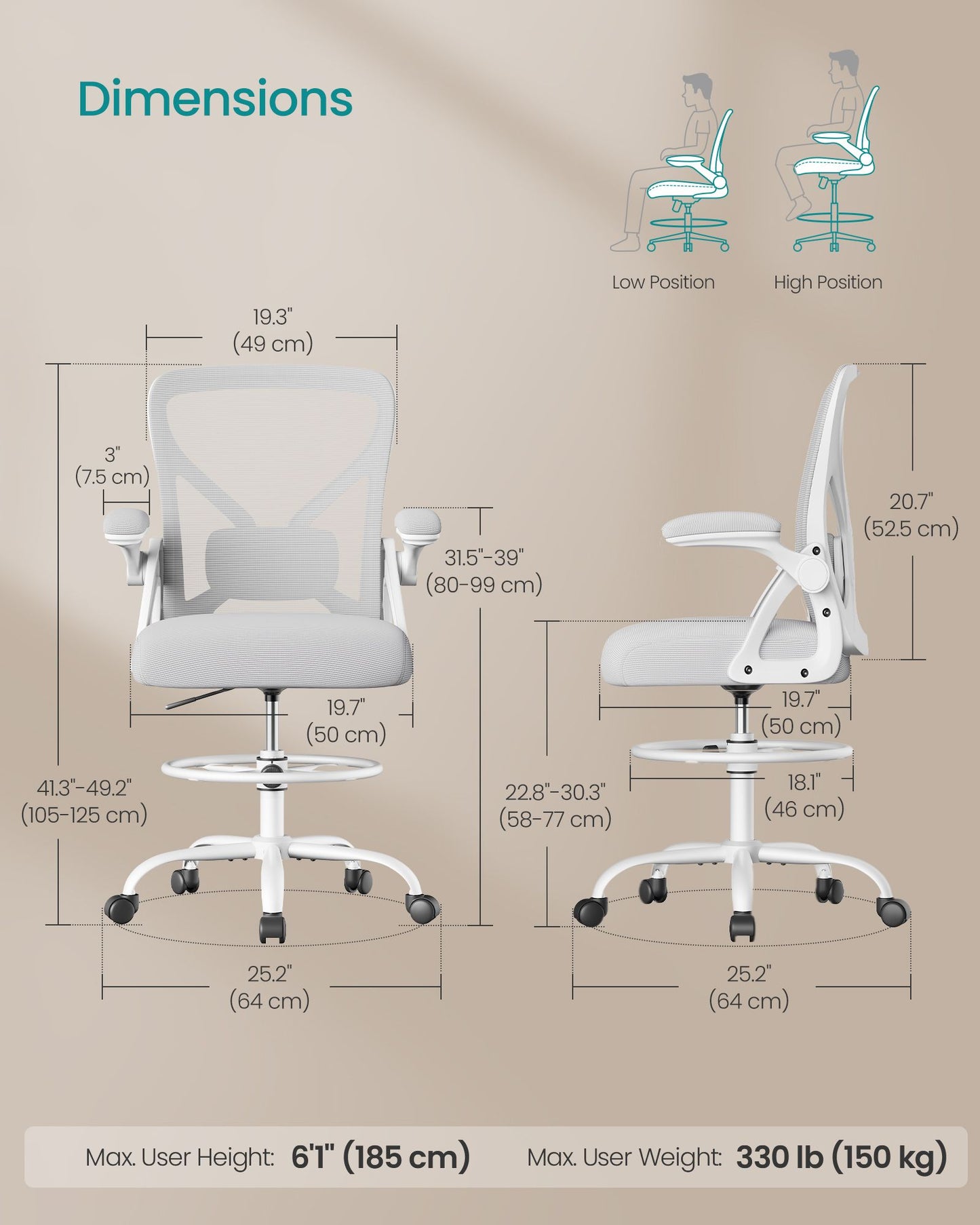 Drafting Chair, Ergonomic Tall Office Chair for Standing Desk, Mesh Back, Adjustable Footring - image 7