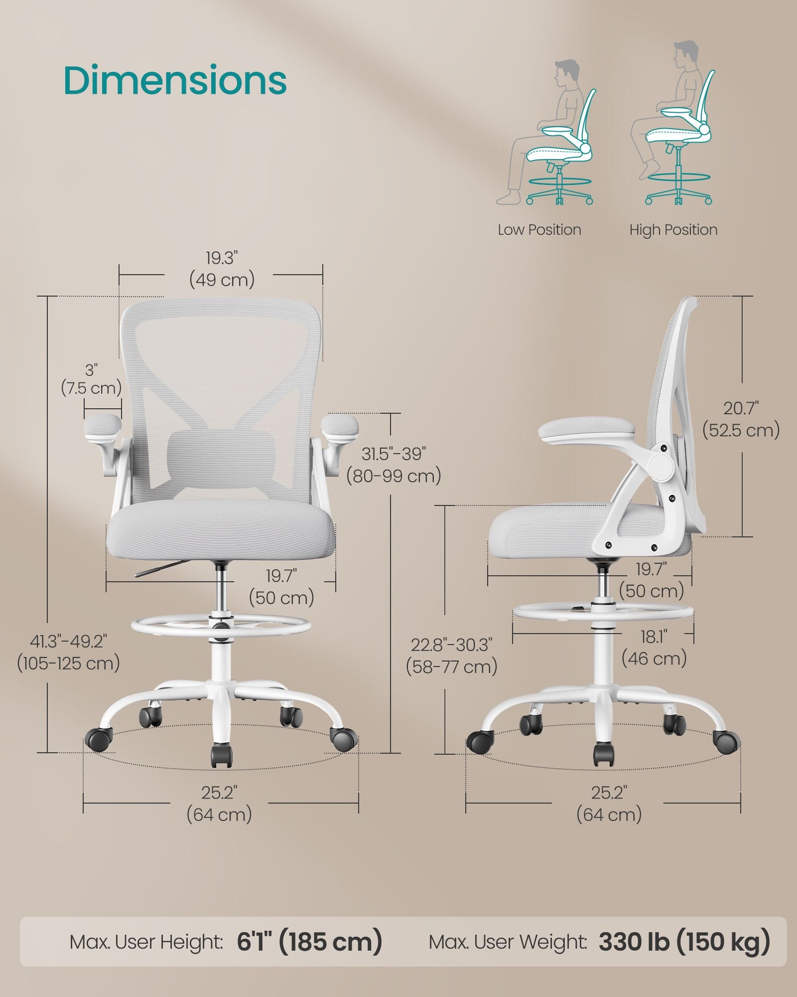 Drafting Chair, Ergonomic Tall Office Chair for Standing Desk, Mesh Back, Adjustable Footring - image 7