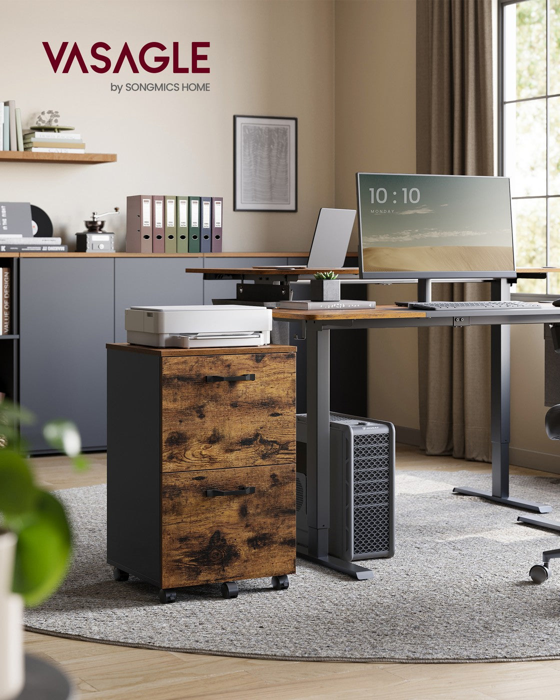 Cabinet with 2 Drawers Office Cabinet on Wheels Rustic Brown and Black - image 3