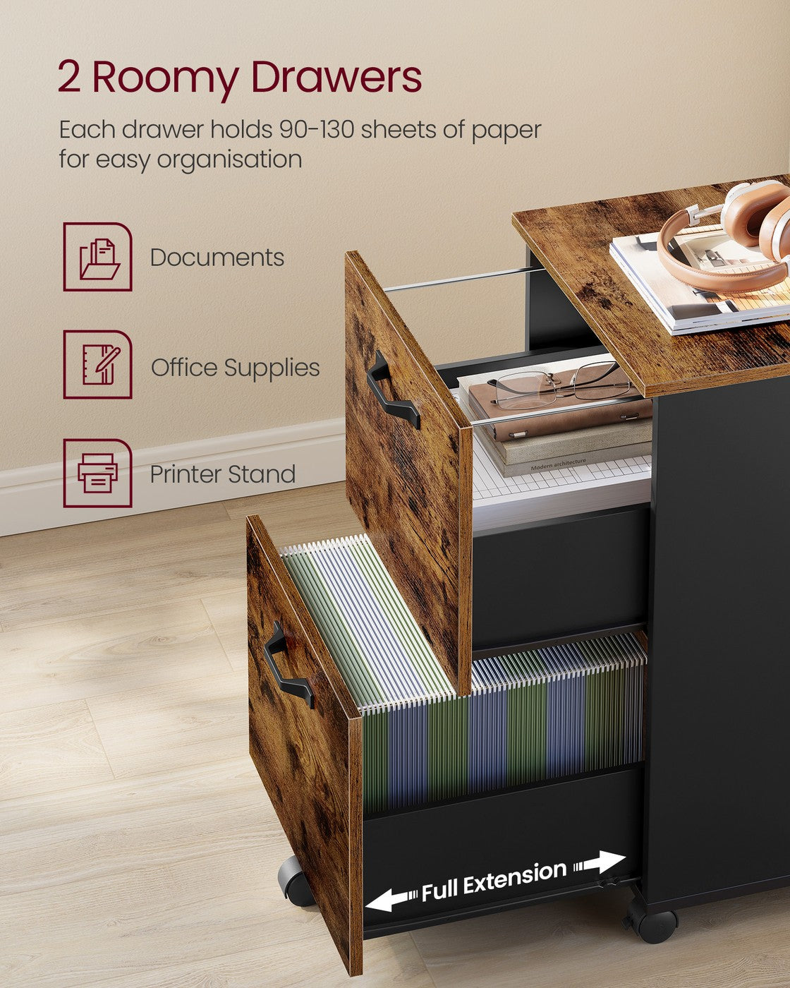 Cabinet with 2 Drawers Office Cabinet on Wheels Rustic Brown and Black - image 4