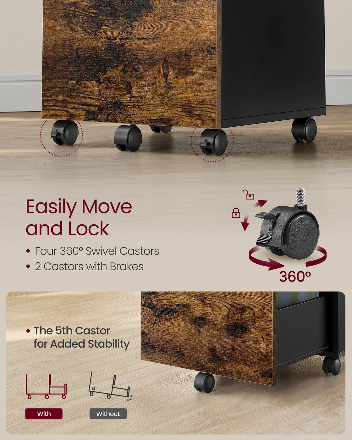 Cabinet with 2 Drawers Office Cabinet on Wheels Rustic Brown and Black - image 6