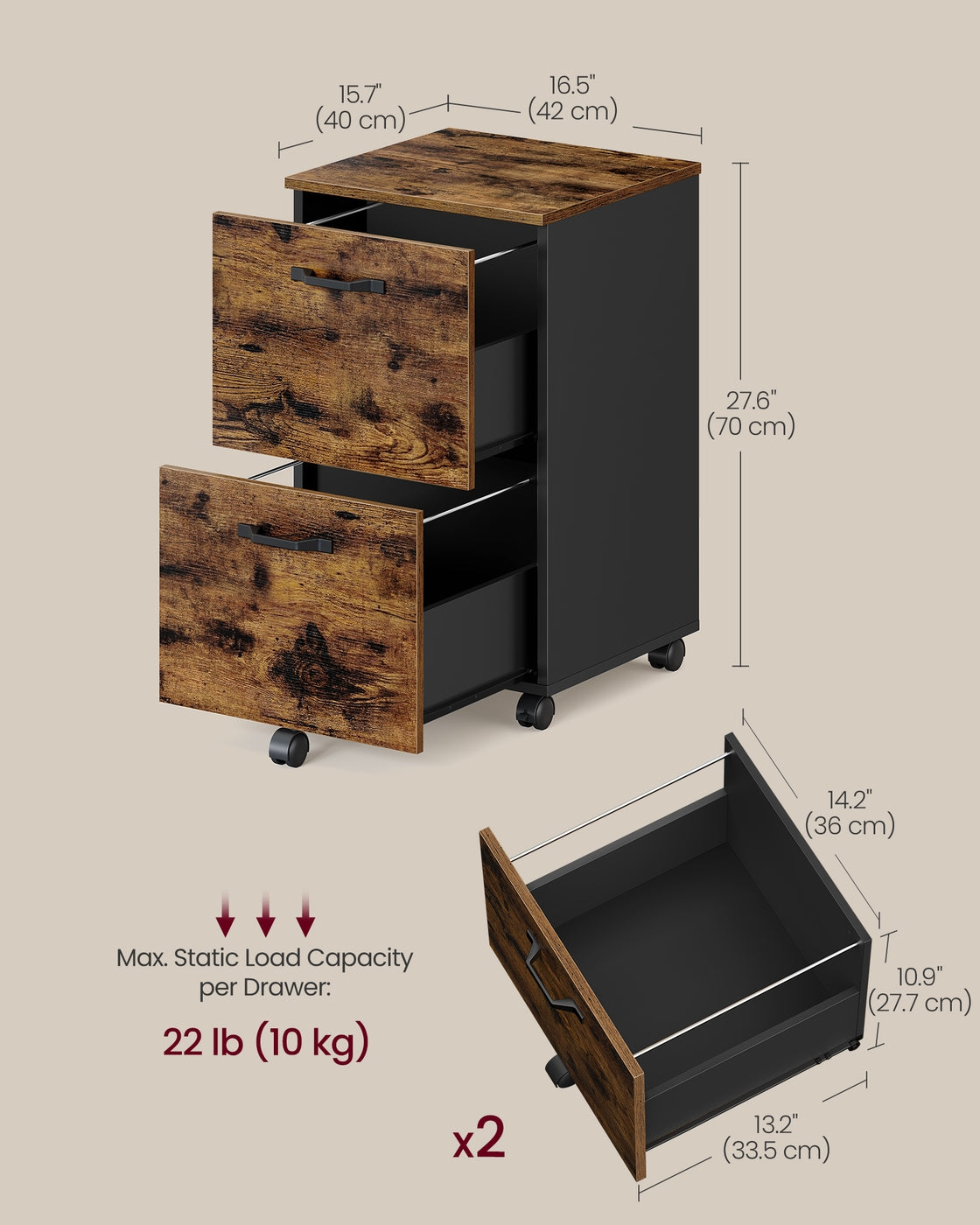 Cabinet with 2 Drawers Office Cabinet on Wheels Rustic Brown and Black - image 7