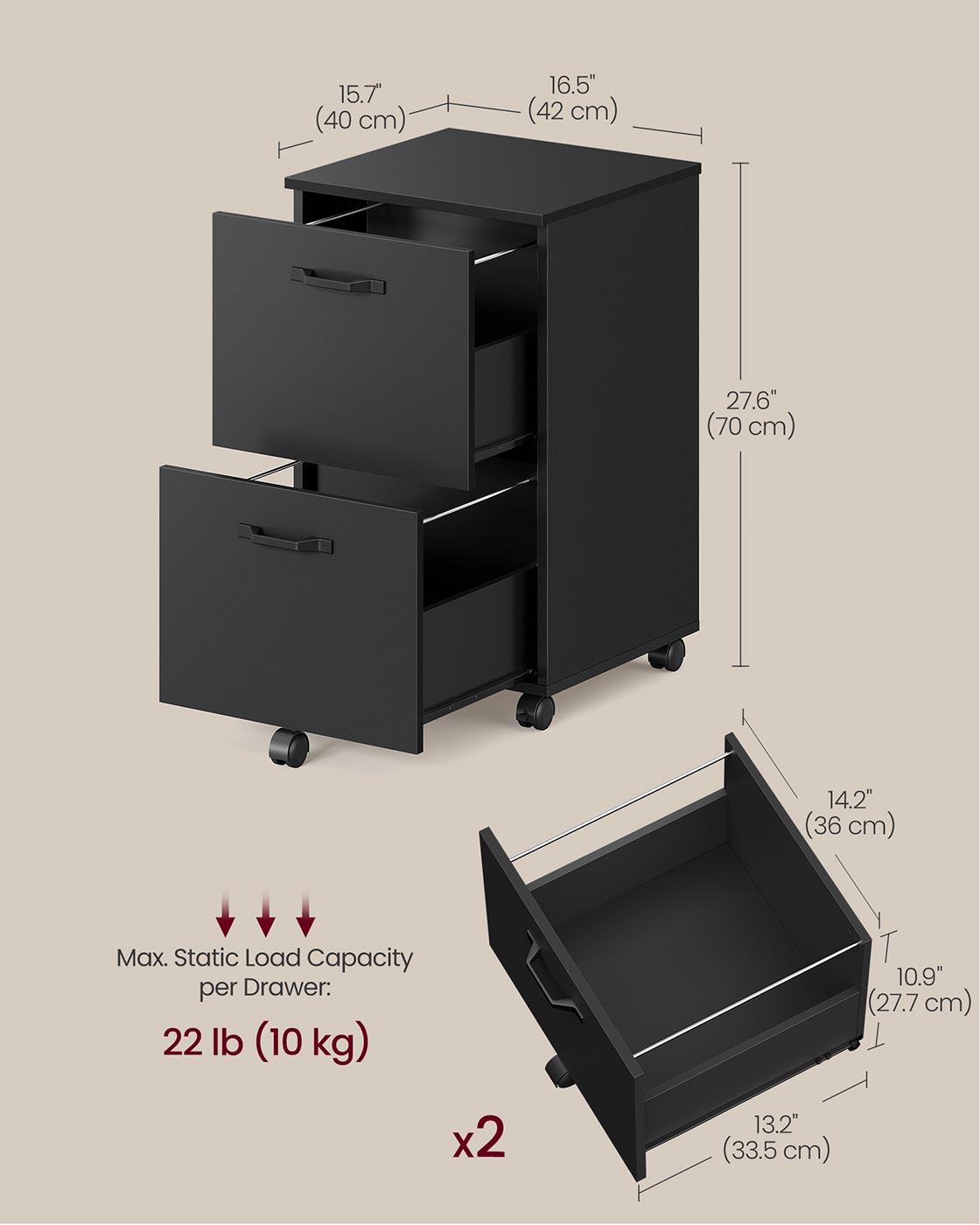 Cabinet with 2 Drawers Office Cabinet on Wheels Rustic Brown and Black - image 14