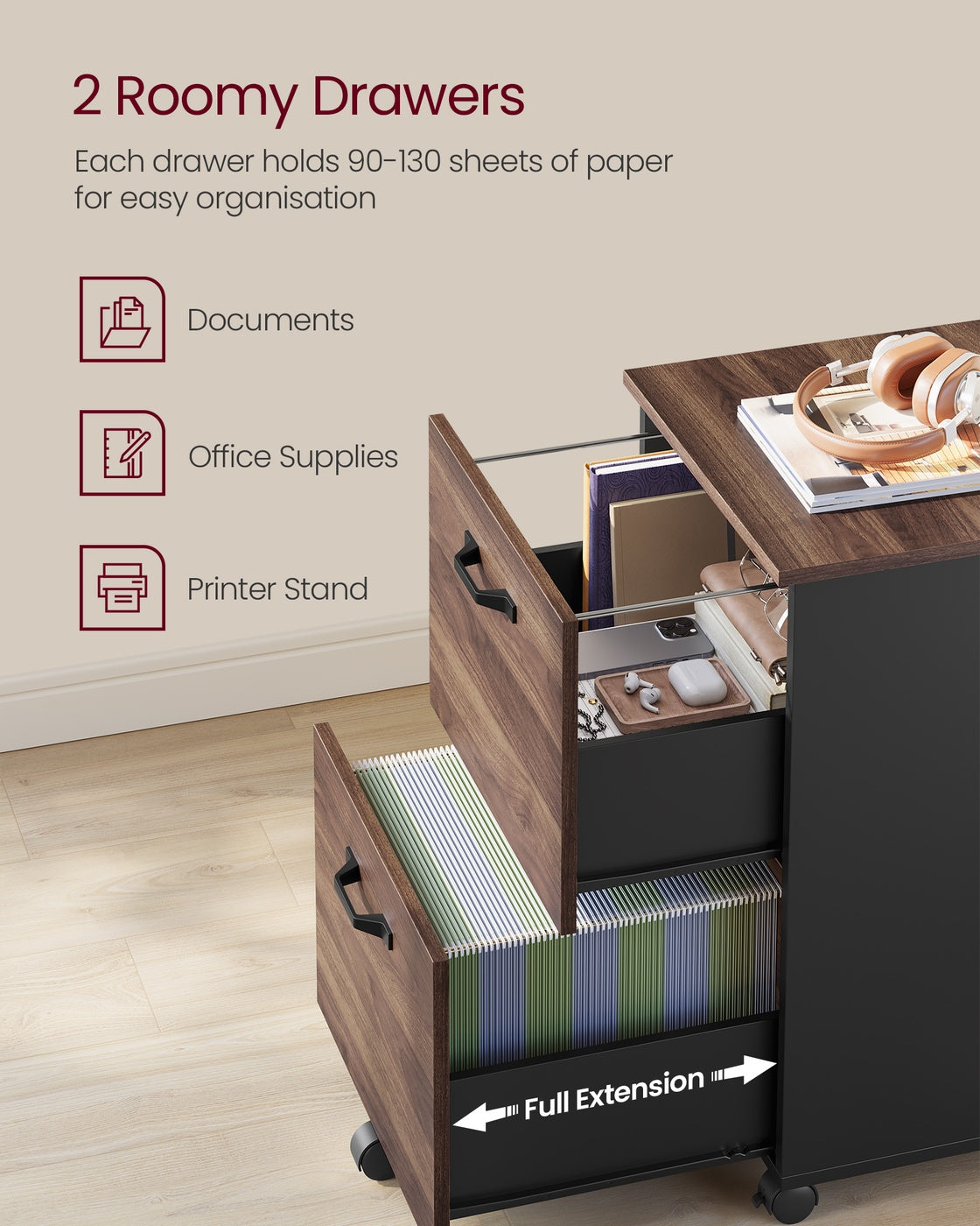 Cabinet with 2 Drawers Office Cabinet on Wheels Rustic Brown and Black - image 36
