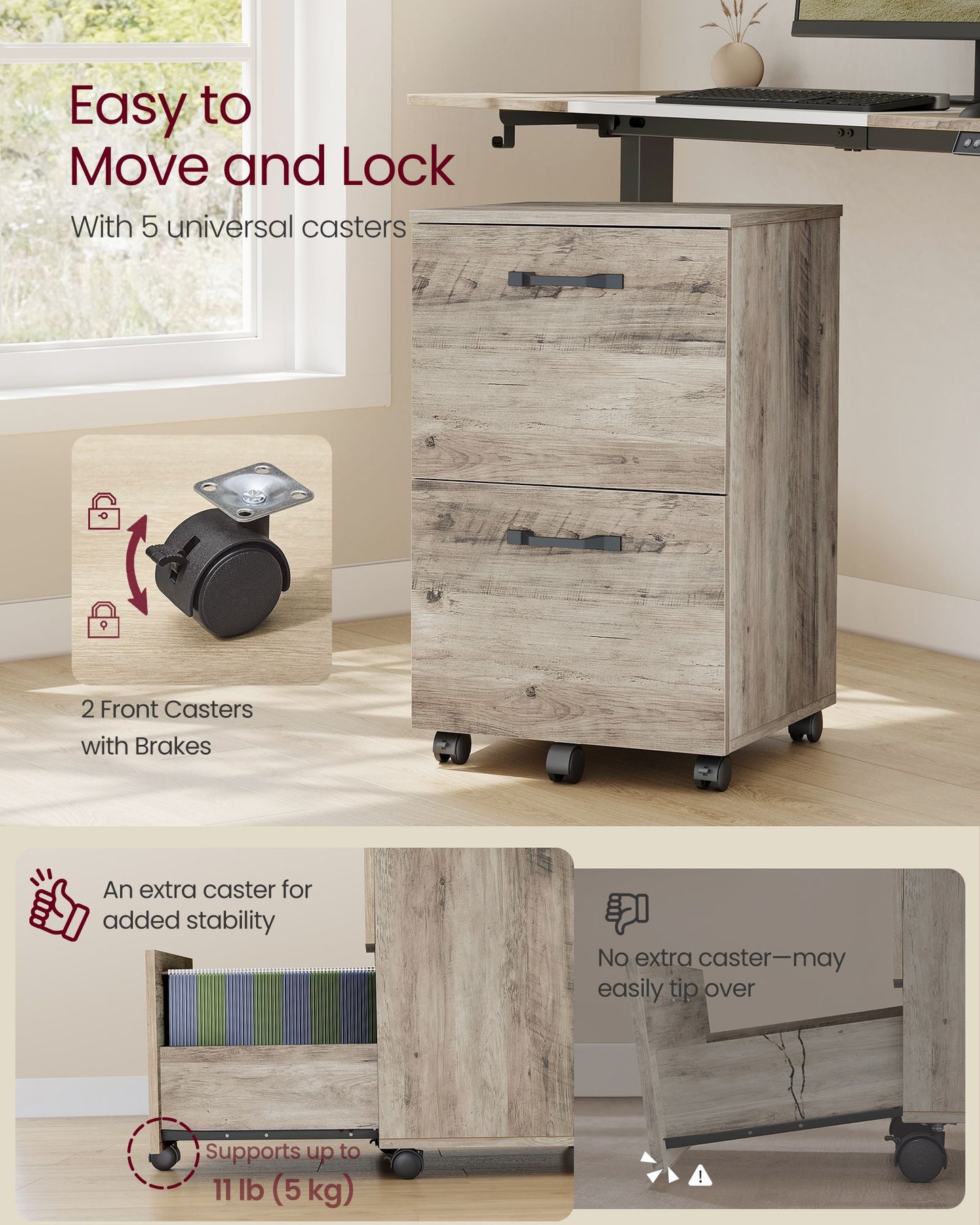 2-Drawer File Cabinet, Small Rolling Filing Cabinet for Home Office, Heather Greige