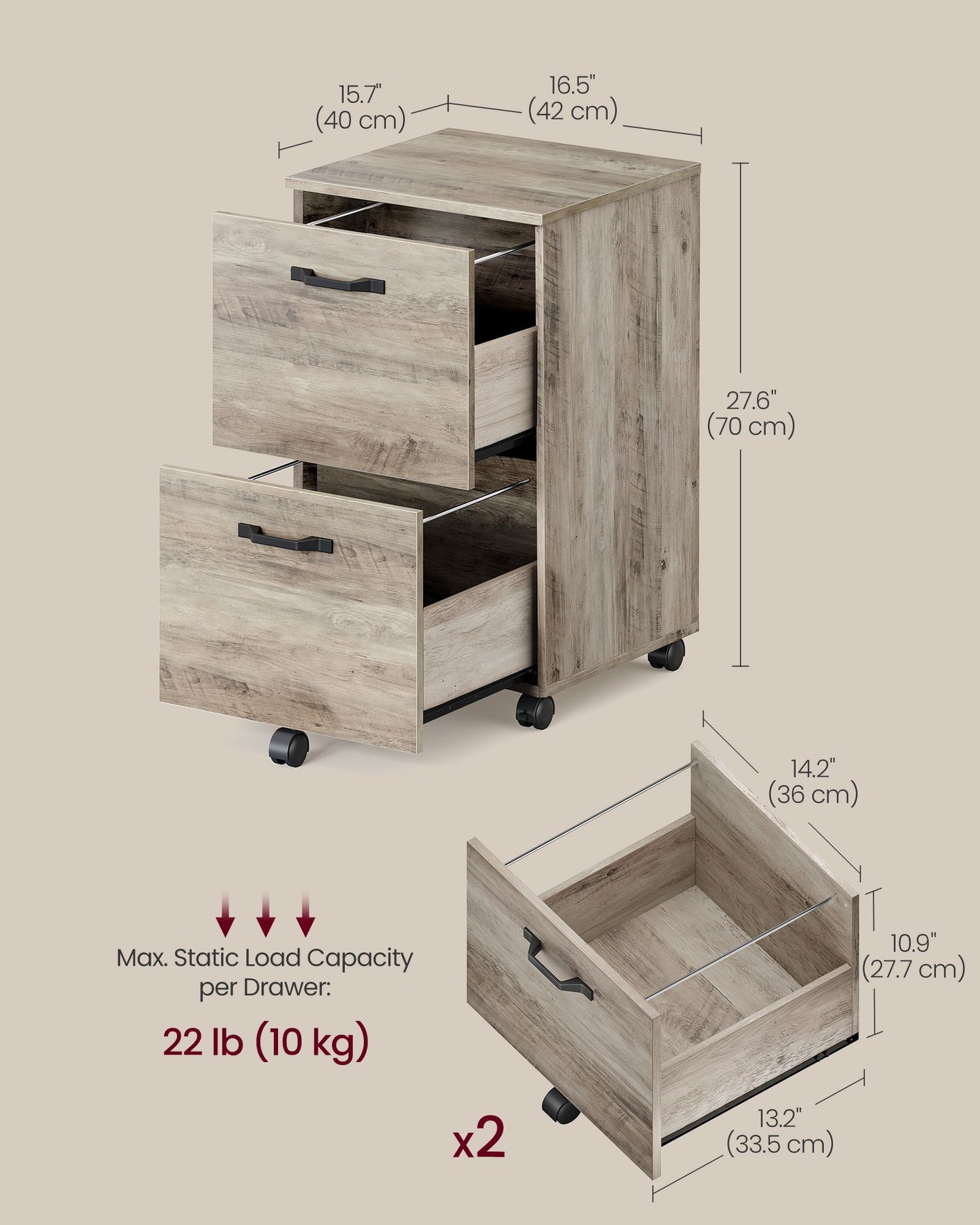 2-Drawer File Cabinet, Small Rolling Filing Cabinet for Home Office, Heather Greige