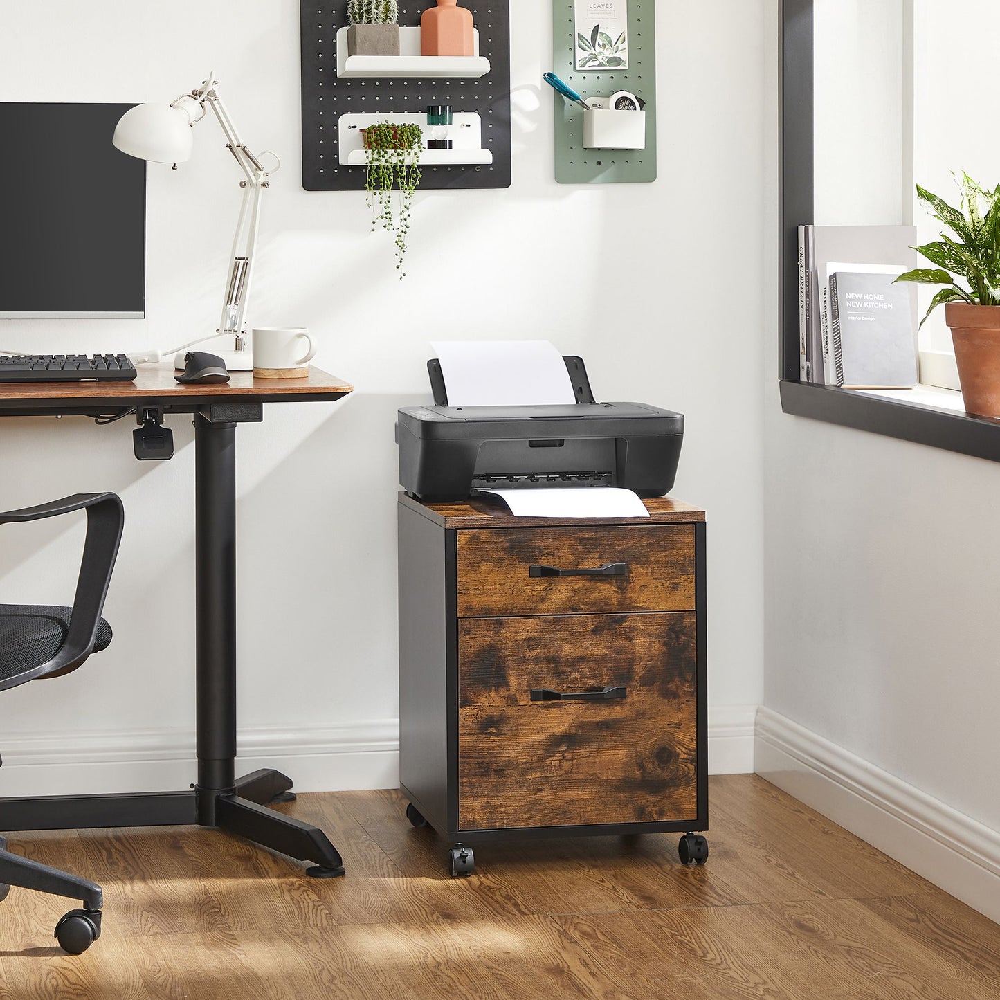 File Cabinet with 2 Drawers Rolling Office Filing Cabinet with Wheels Rustic Brown and Black - image 3