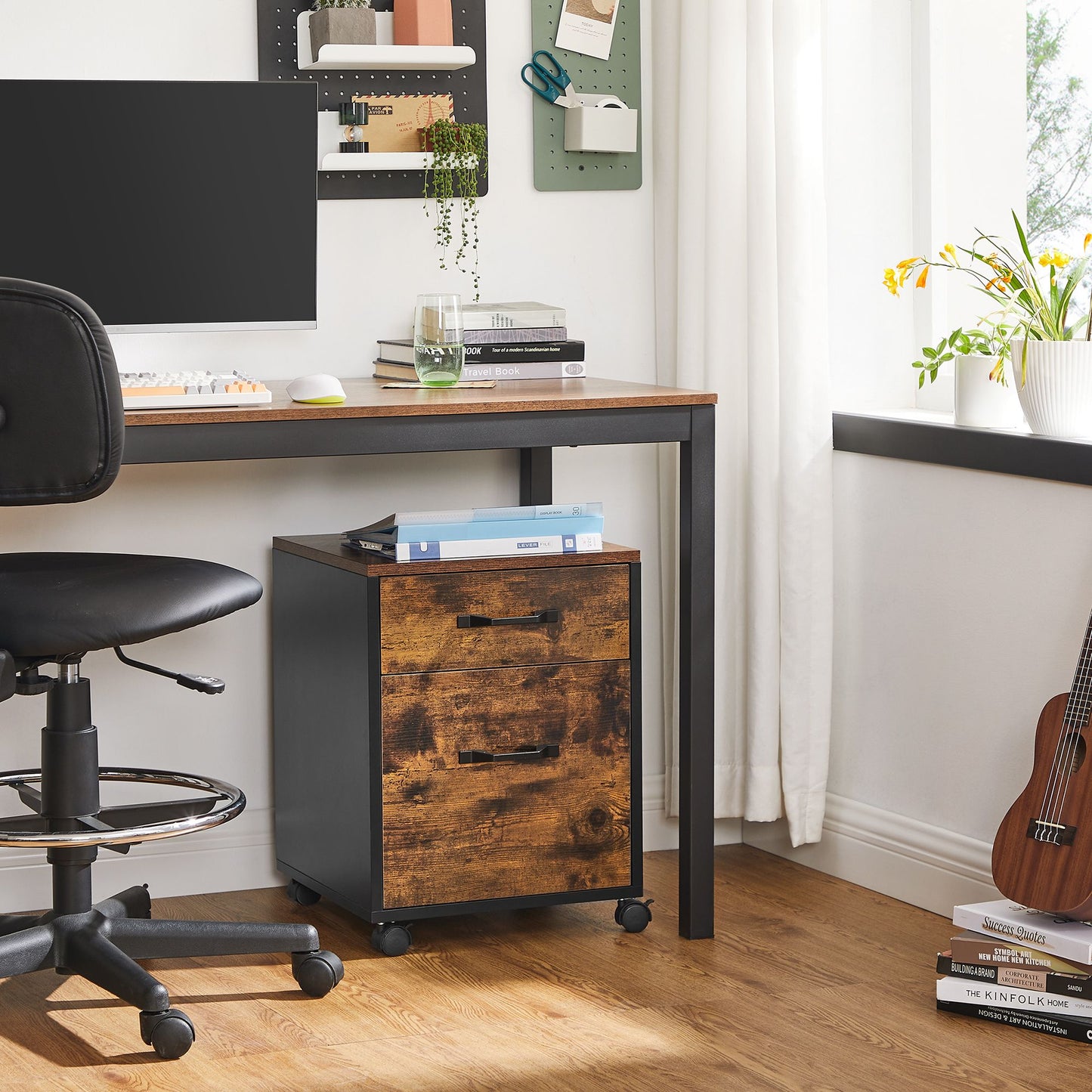 File Cabinet with 2 Drawers Rolling Office Filing Cabinet with Wheels Rustic Brown and Black - image 4