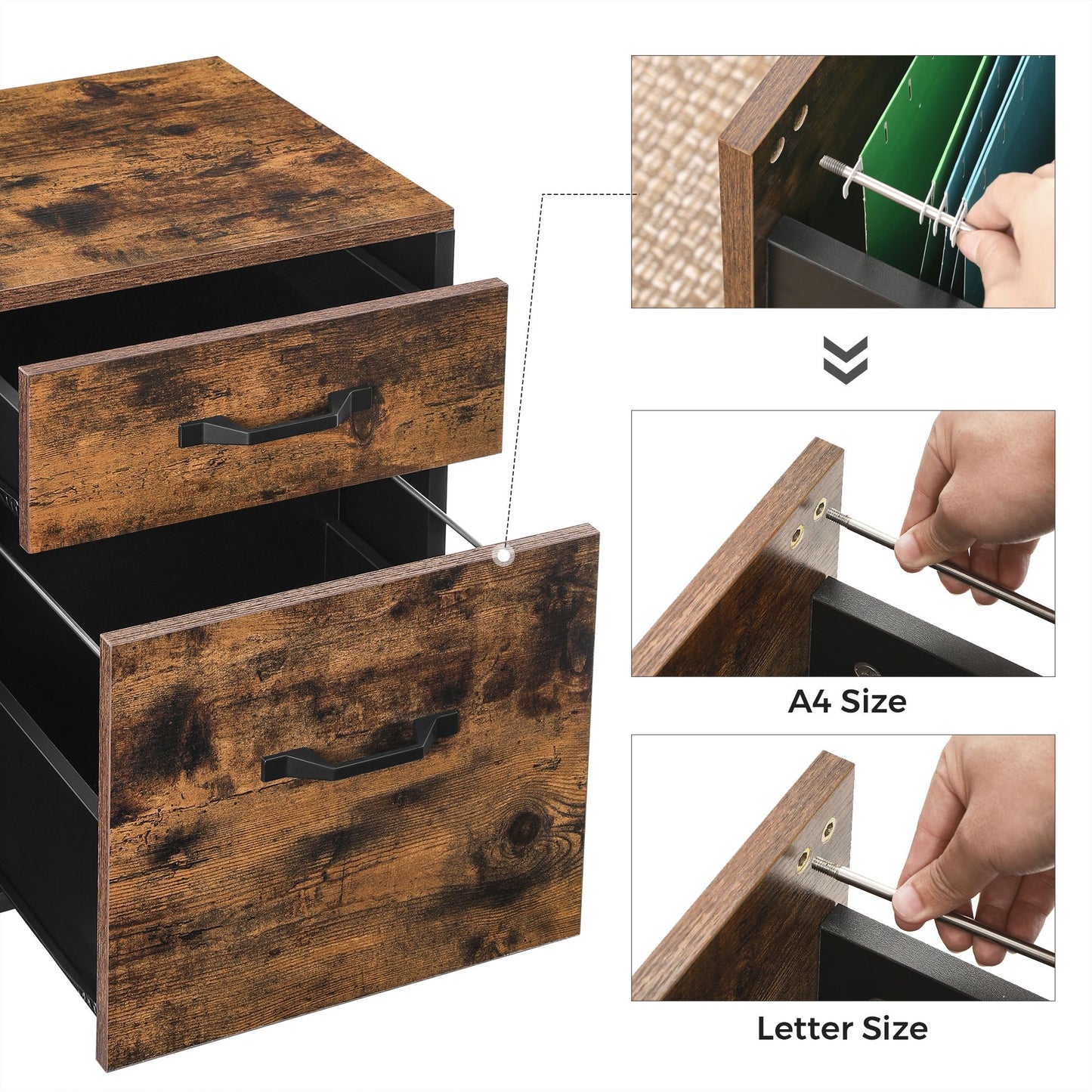 File Cabinet with 2 Drawers Rolling Office Filing Cabinet with Wheels Rustic Brown and Black - image 6