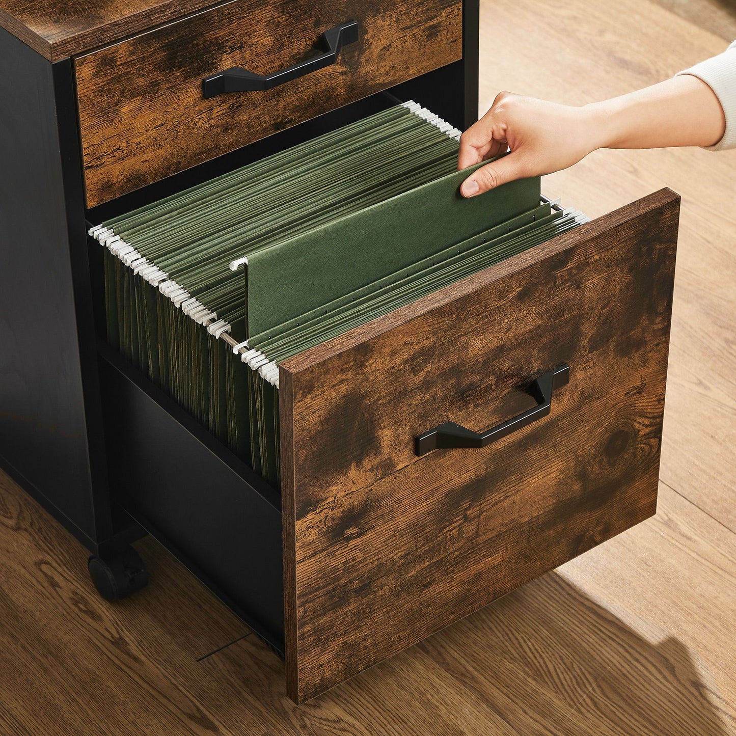 File Cabinet with 2 Drawers Rolling Office Filing Cabinet with Wheels Rustic Brown and Black - image 7