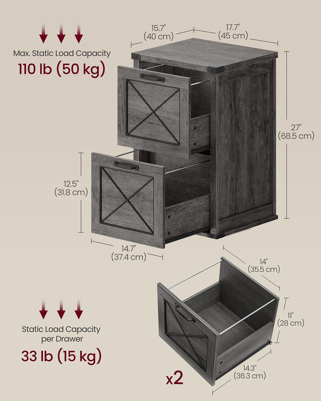 File Cabinet with 2 File Drawers, Fit A4