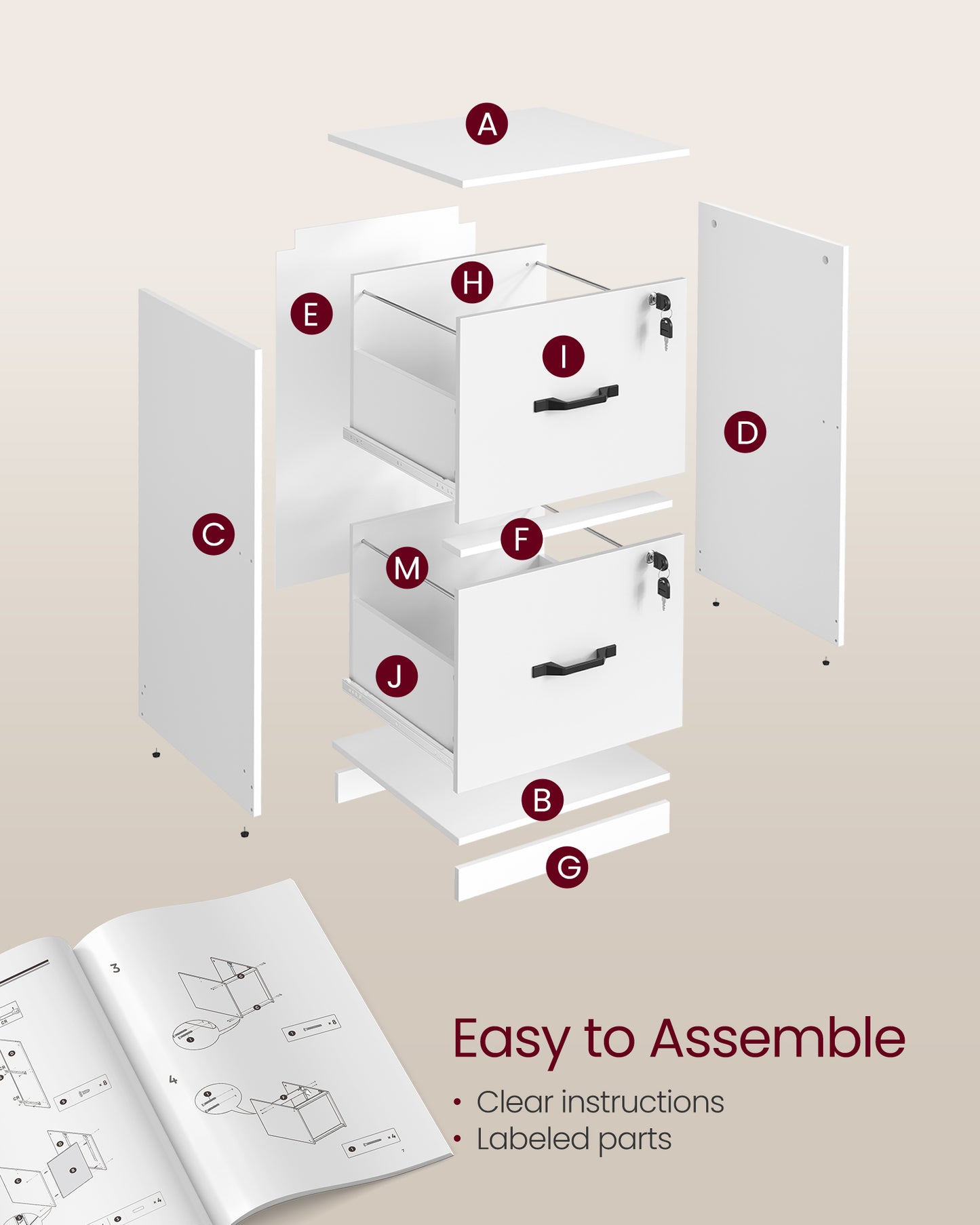 2 Drawer File Cabinet with Locks, for A4, Letter Sized Documents, Filing Cabinet for Hanging File Folders - image 7