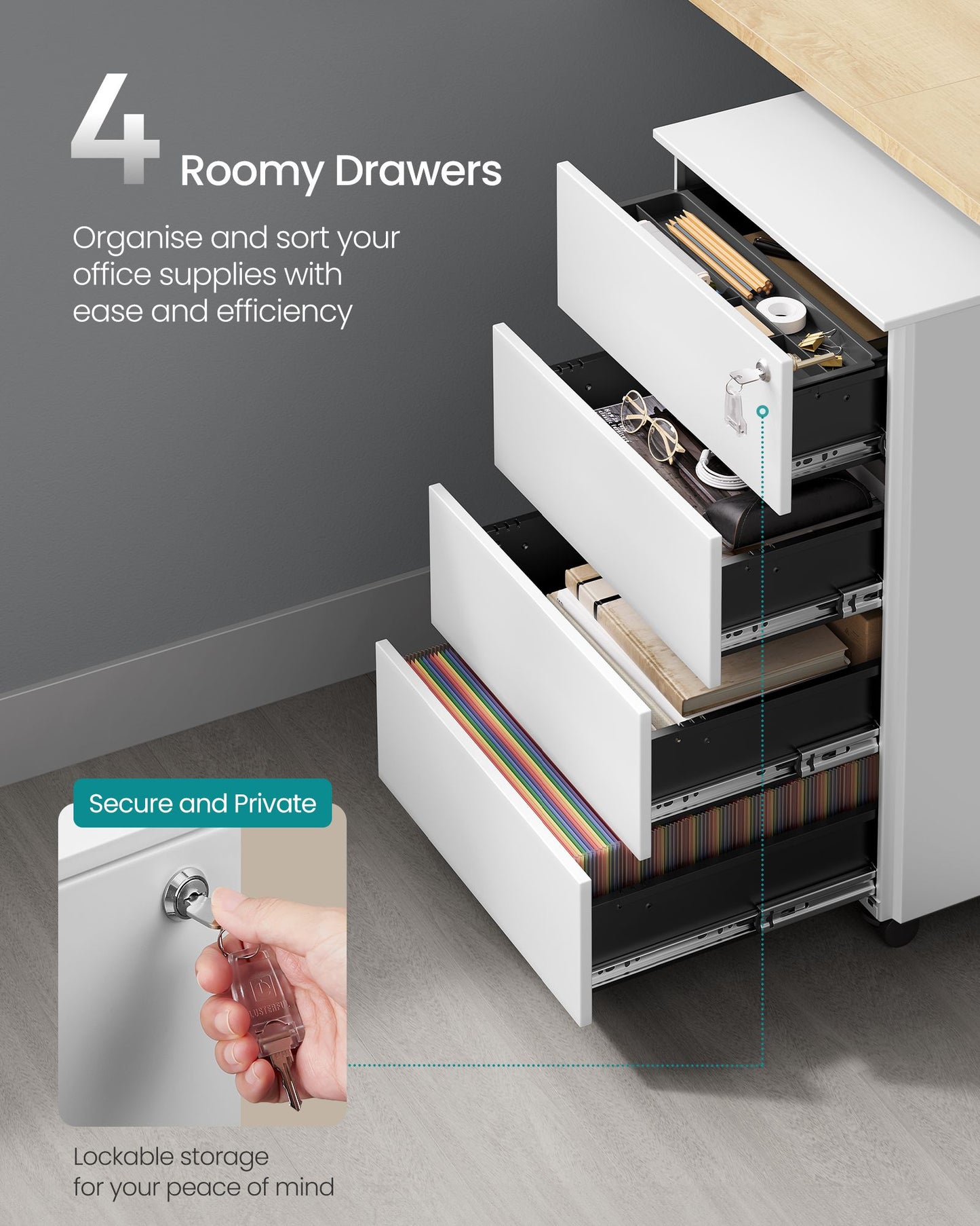 Lockable Mobile File Cabinet with 4 Drawers Ink Black - image 10