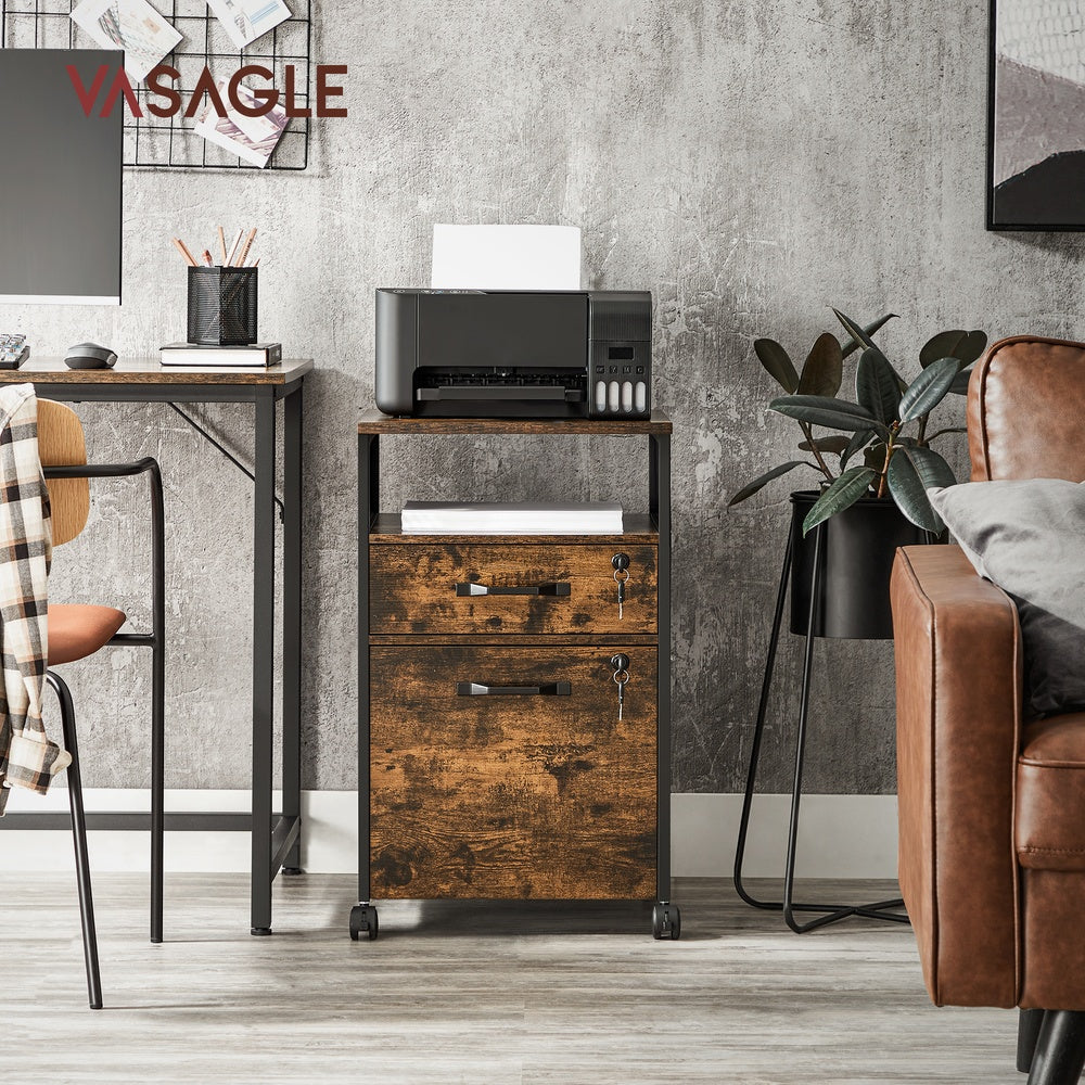 Filing Cabinet Mobile File Cabinet with 2 Lockable Drawers Rustic Brown and Ink Black