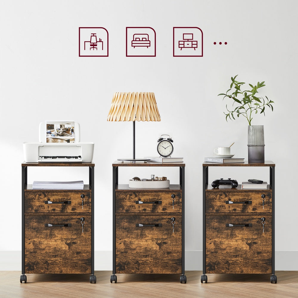 Filing Cabinet Mobile File Cabinet with 2 Lockable Drawers Rustic Brown and Ink Black
