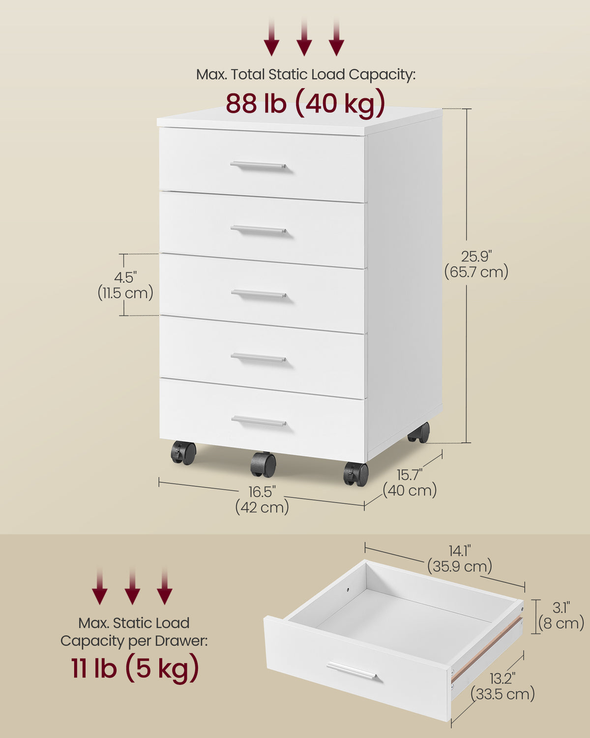 File Cabinet, Mobile Pedestal Filing Cabinet with Wheels, Cloud White - image 5