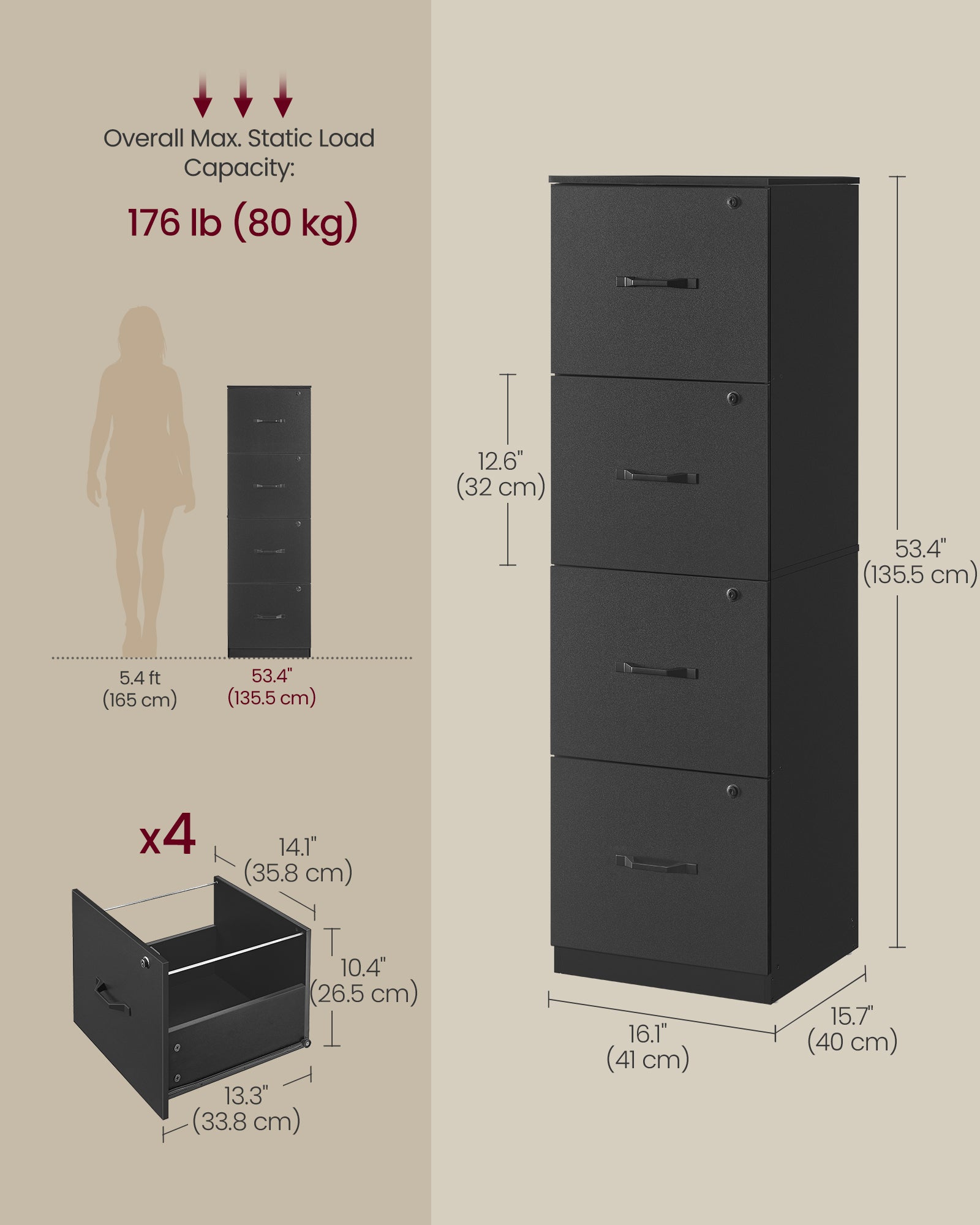4-Drawer Vertical File Cabinet, Filing Cabinet for Home Office, Printer Stand, with 4 Lockable Drawers - image 3