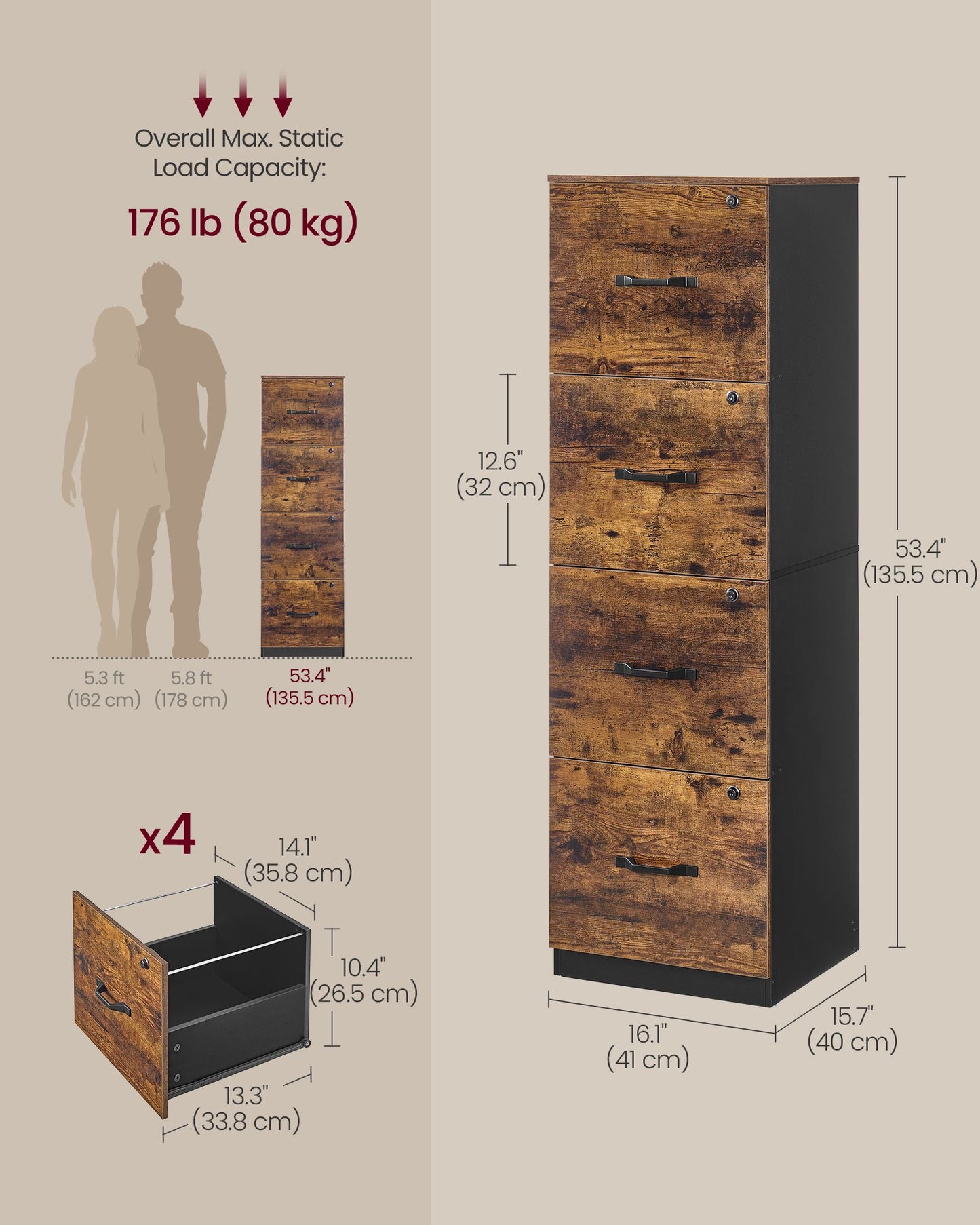 4-Drawer Vertical File Cabinet, Filing Cabinet for Home Office, Printer Stand, with 4 Lockable Drawers - image 6