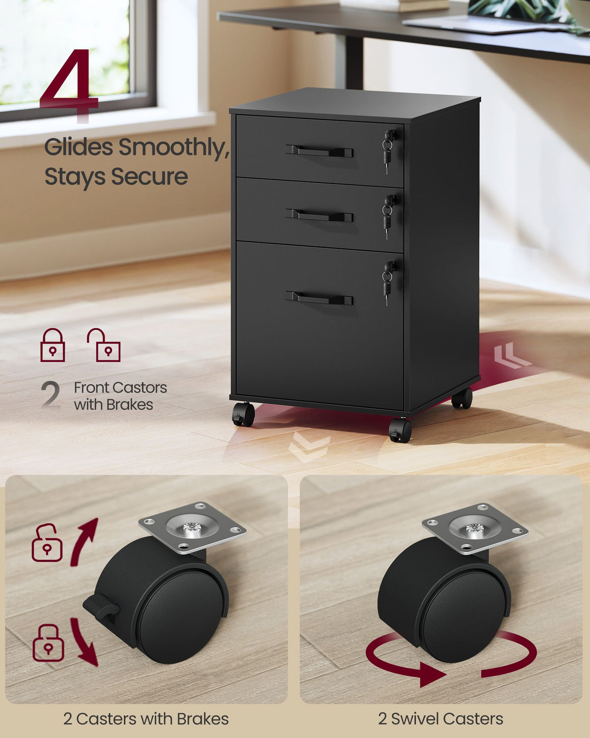 Mobile File Cabinet, 3 Drawers Filing Cabinet with Wheels Home Office, for A4/Letter Sized Documents - image 2