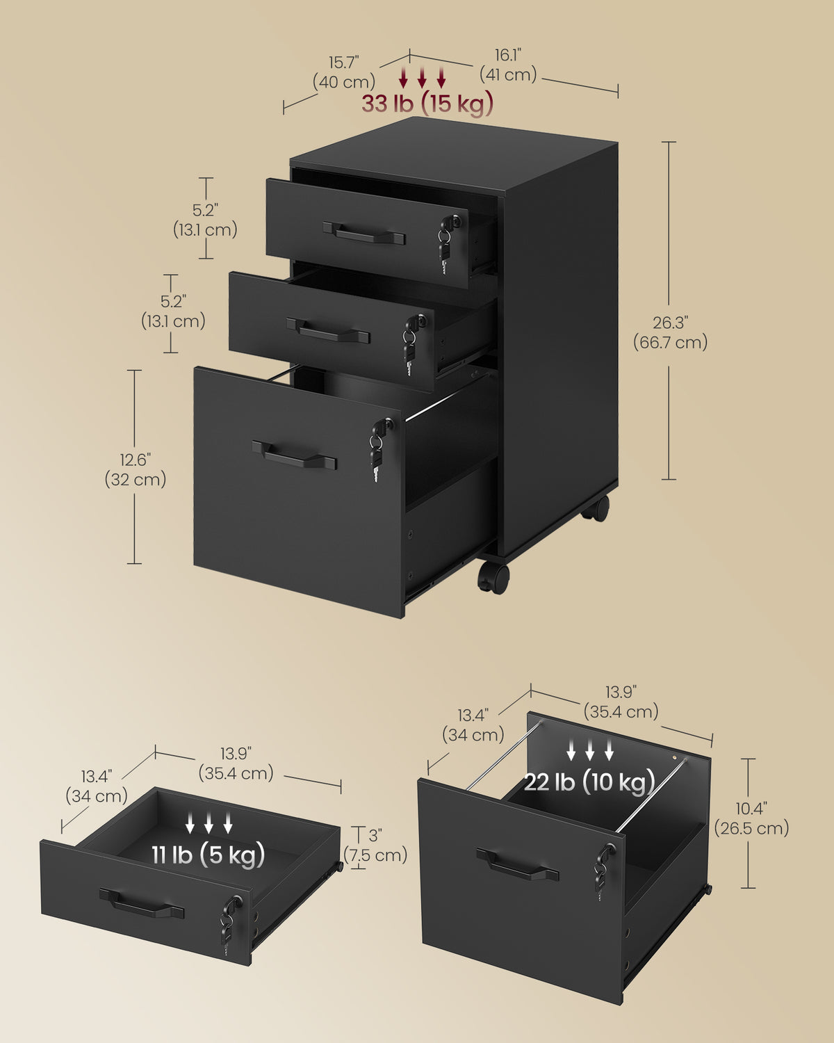 Mobile File Cabinet, 3 Drawers Filing Cabinet with Wheels Home Office, for A4/Letter Sized Documents - image 3