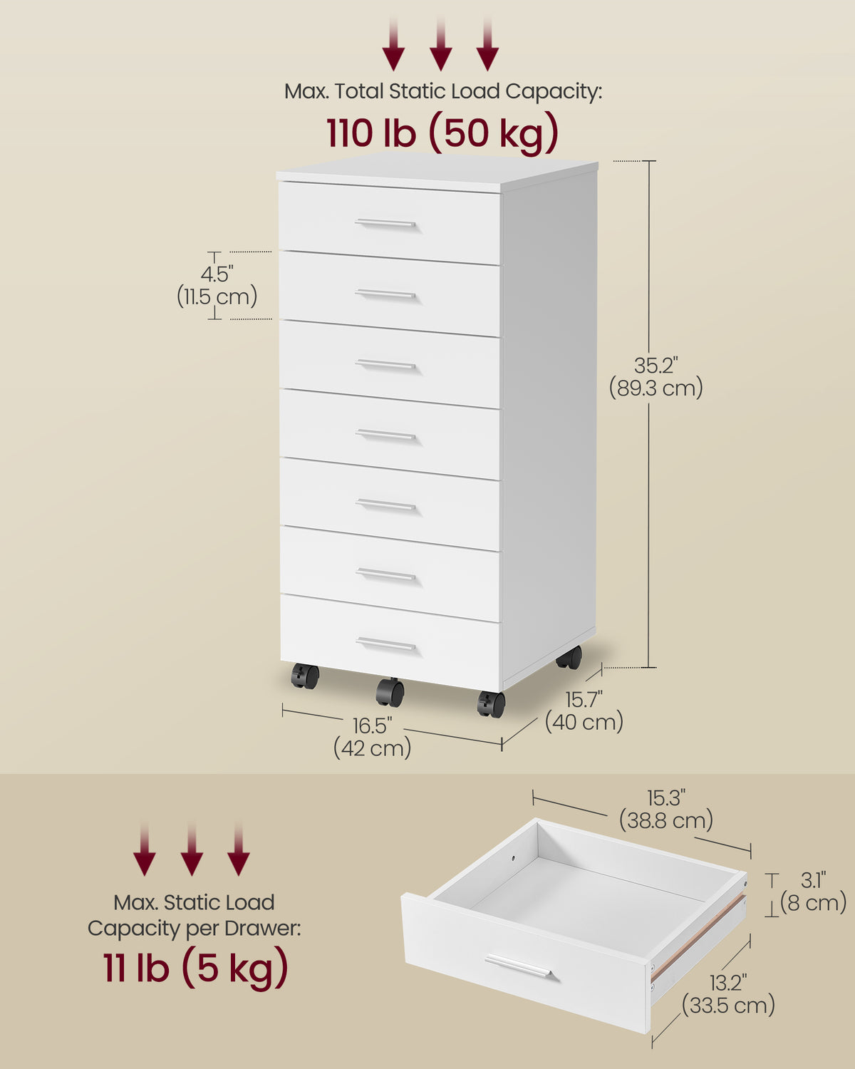File Cabinet with Wheels, 7 Drawers, Tool-Free Sliding Rails Mobile Pedestal, Printer Stand, for Study - image 3