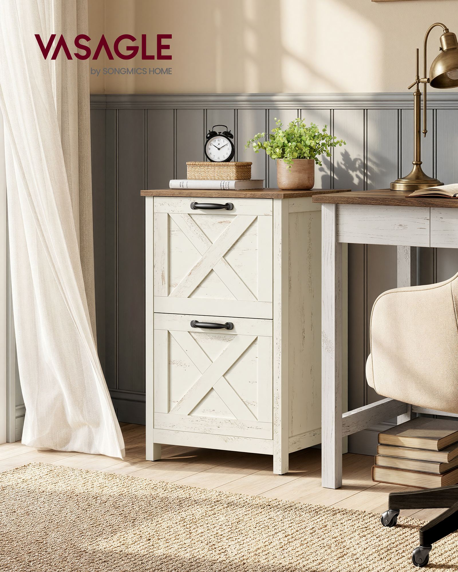 2-Drawer File Cabinet, Barn Door Style, A4/Letter, 17.7"x15.7"x29.5", Cloud White/Warm Earth Brown - image 2
