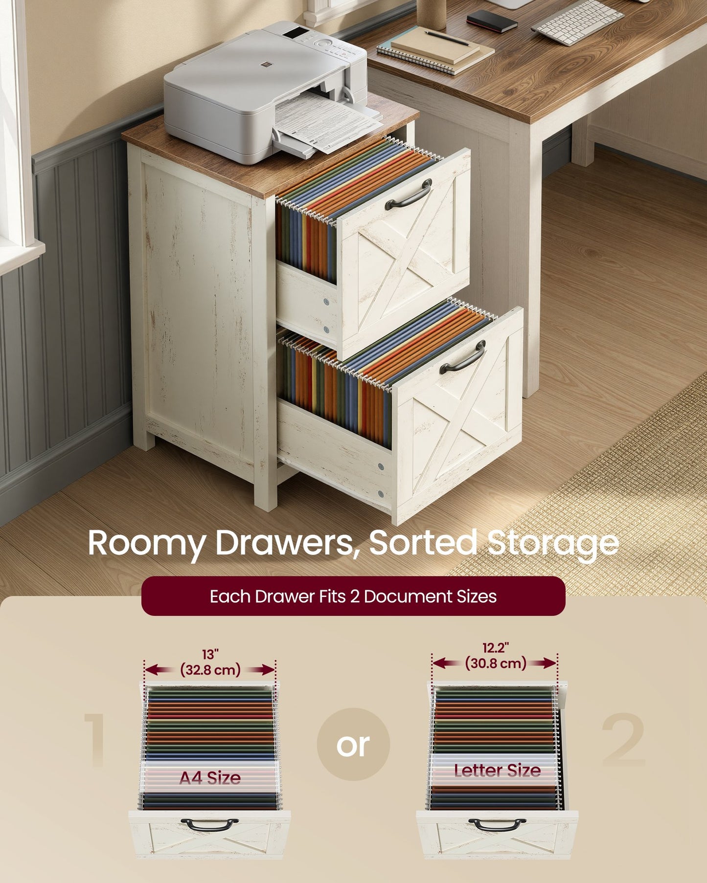 2-Drawer File Cabinet, Barn Door Style, A4/Letter, 17.7"x15.7"x29.5", Cloud White/Warm Earth Brown - image 4