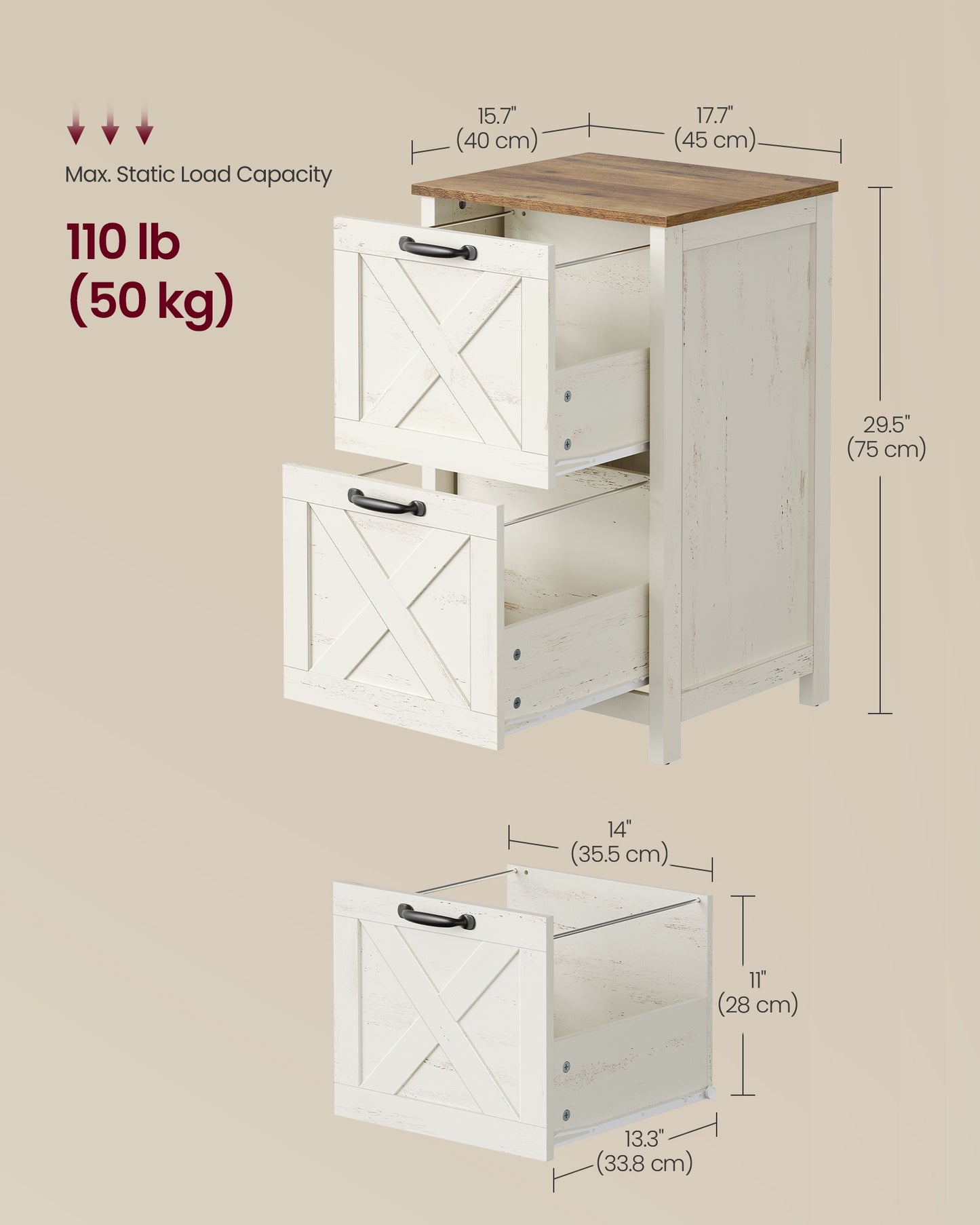 2-Drawer File Cabinet, Barn Door Style, A4/Letter, 17.7"x15.7"x29.5", Cloud White/Warm Earth Brown - image 7