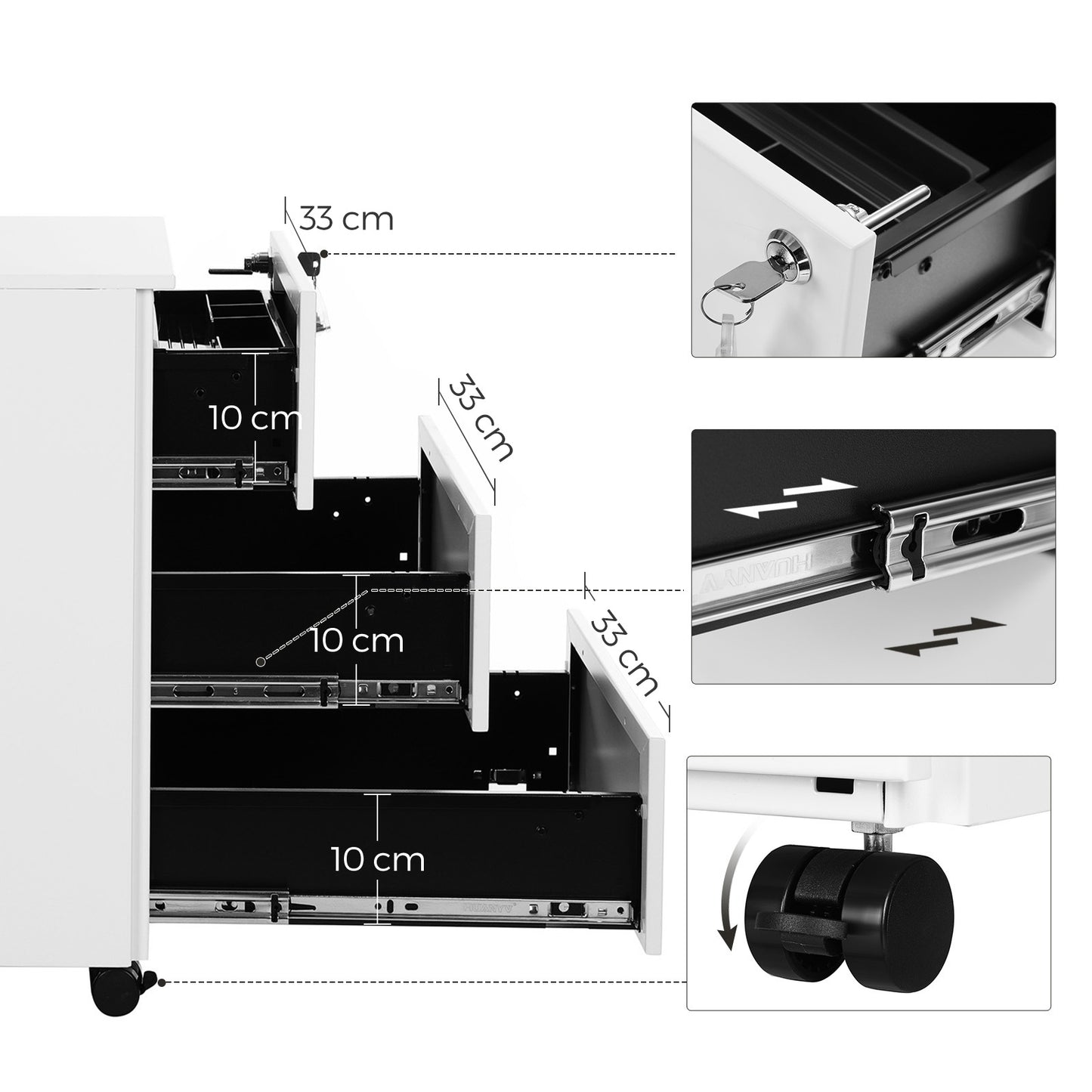 Mobile File Cabinet, Lockable, with 3 Drawers, Hold Documents - image 9