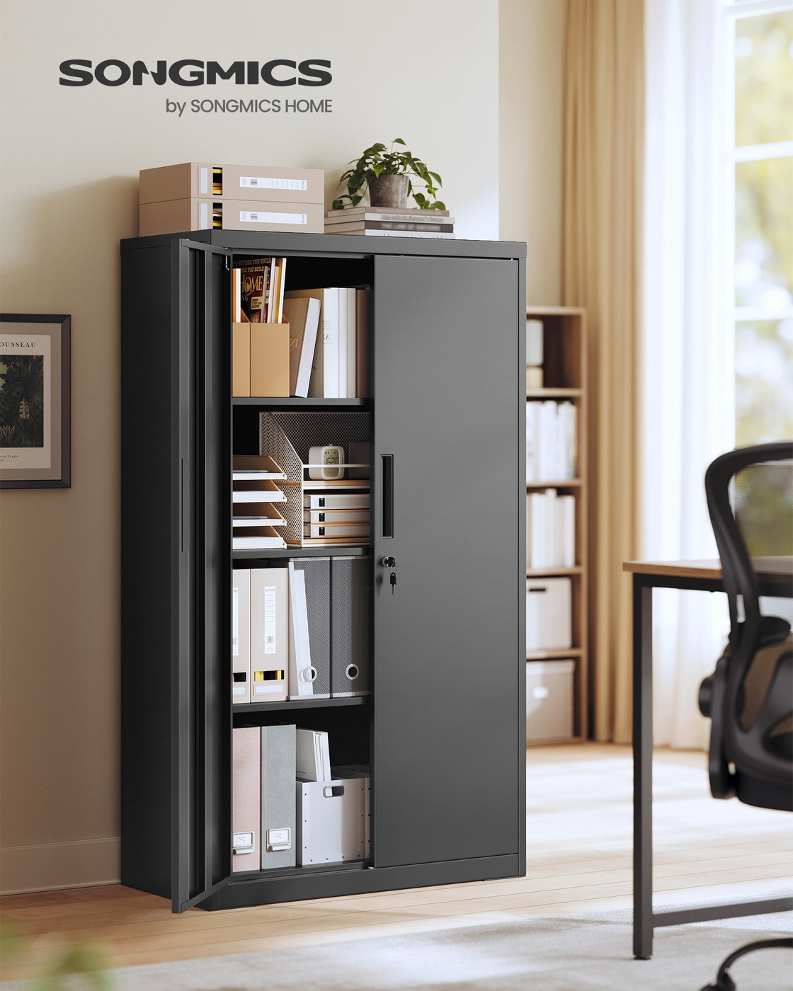 Matt Black Lockable Steel Storage Cabinet — 140 cm