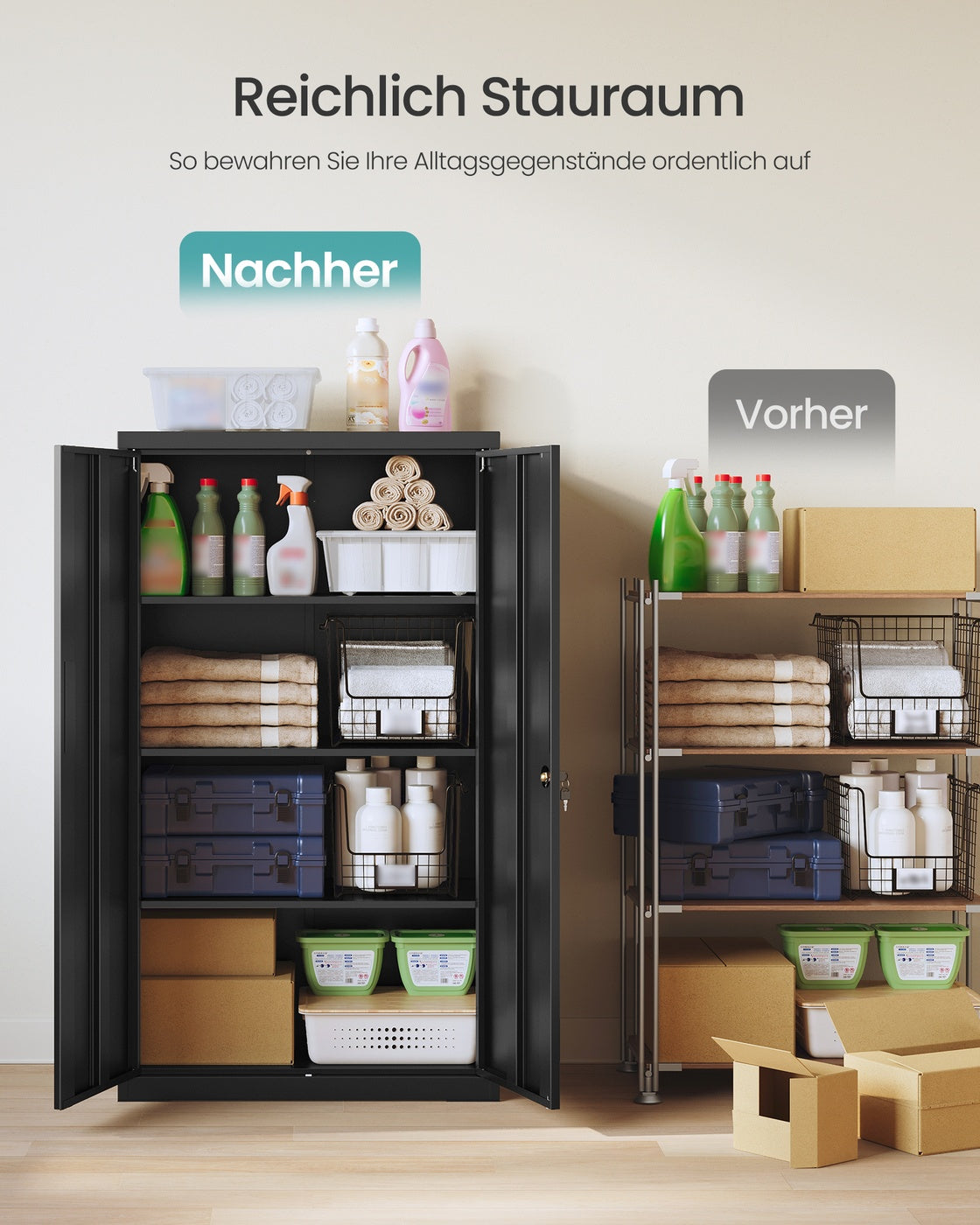 Matt Black Lockable Steel Storage Cabinet — 140 cm