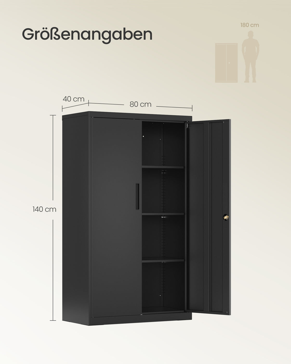 Matt Black Lockable Steel Storage Cabinet — 140 cm