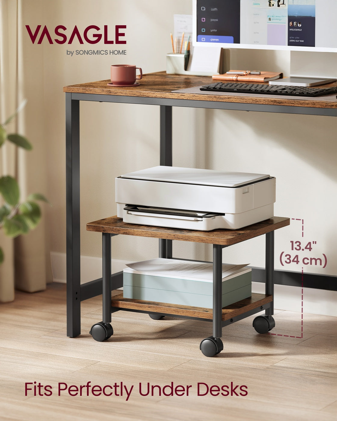 Industrial Under Desk Printer Stand, 2-Tier Mobile Machine Cart with Shelf