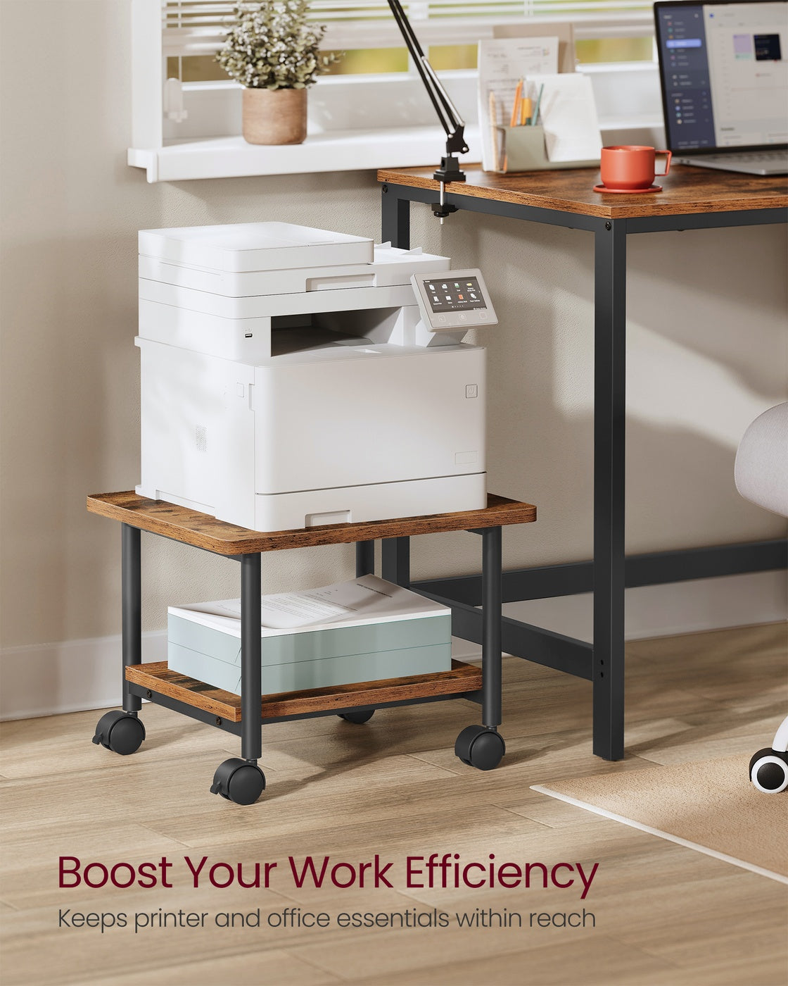 Industrial Under Desk Printer Stand, 2-Tier Mobile Machine Cart with Shelf
