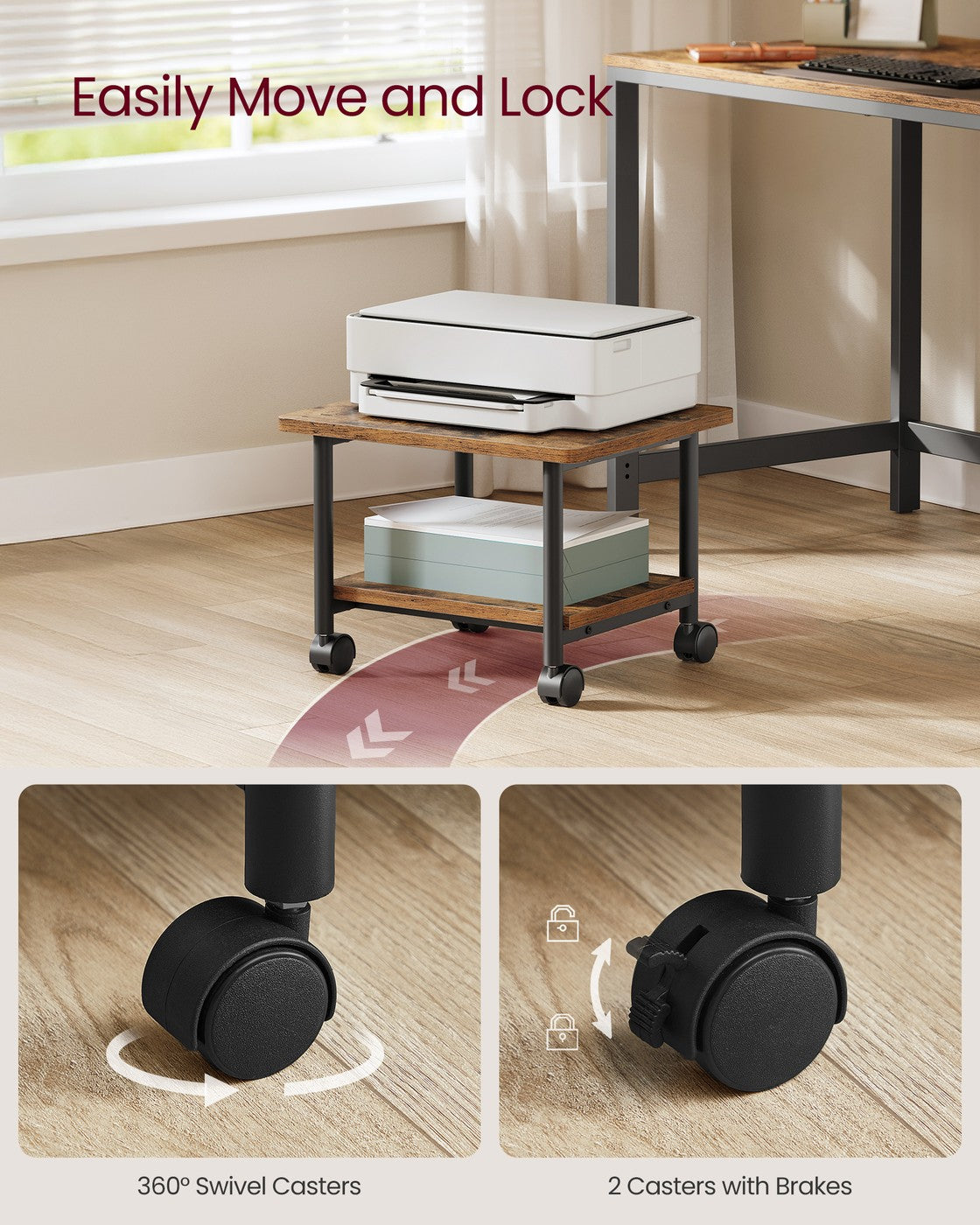 Industrial Under Desk Printer Stand, 2-Tier Mobile Machine Cart with Shelf
