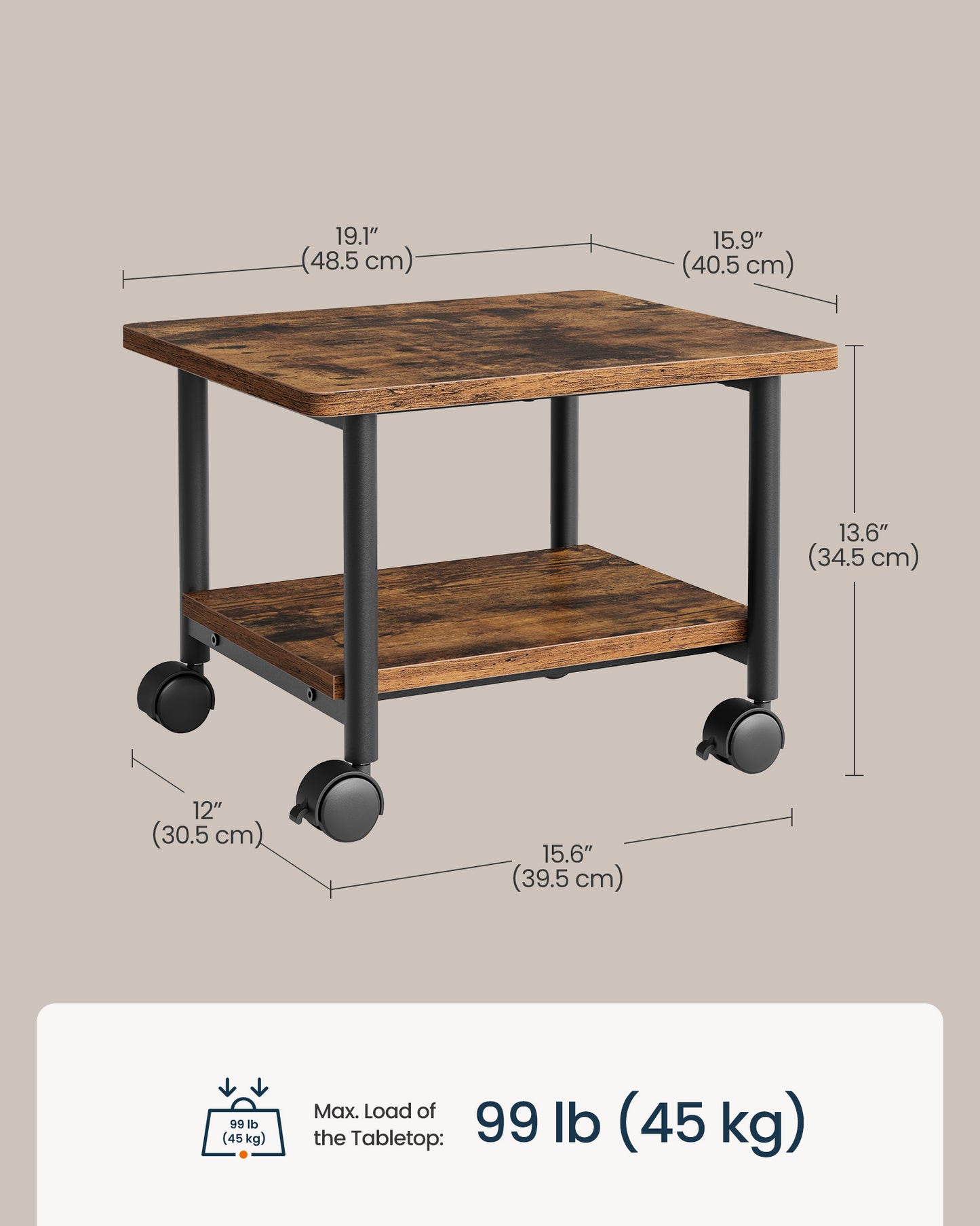 2-Tier Printer Stand with Locking Wheels, Printer Table, Storage Shelf, 19.1 x 15.9 x 13.6 inches - image 5