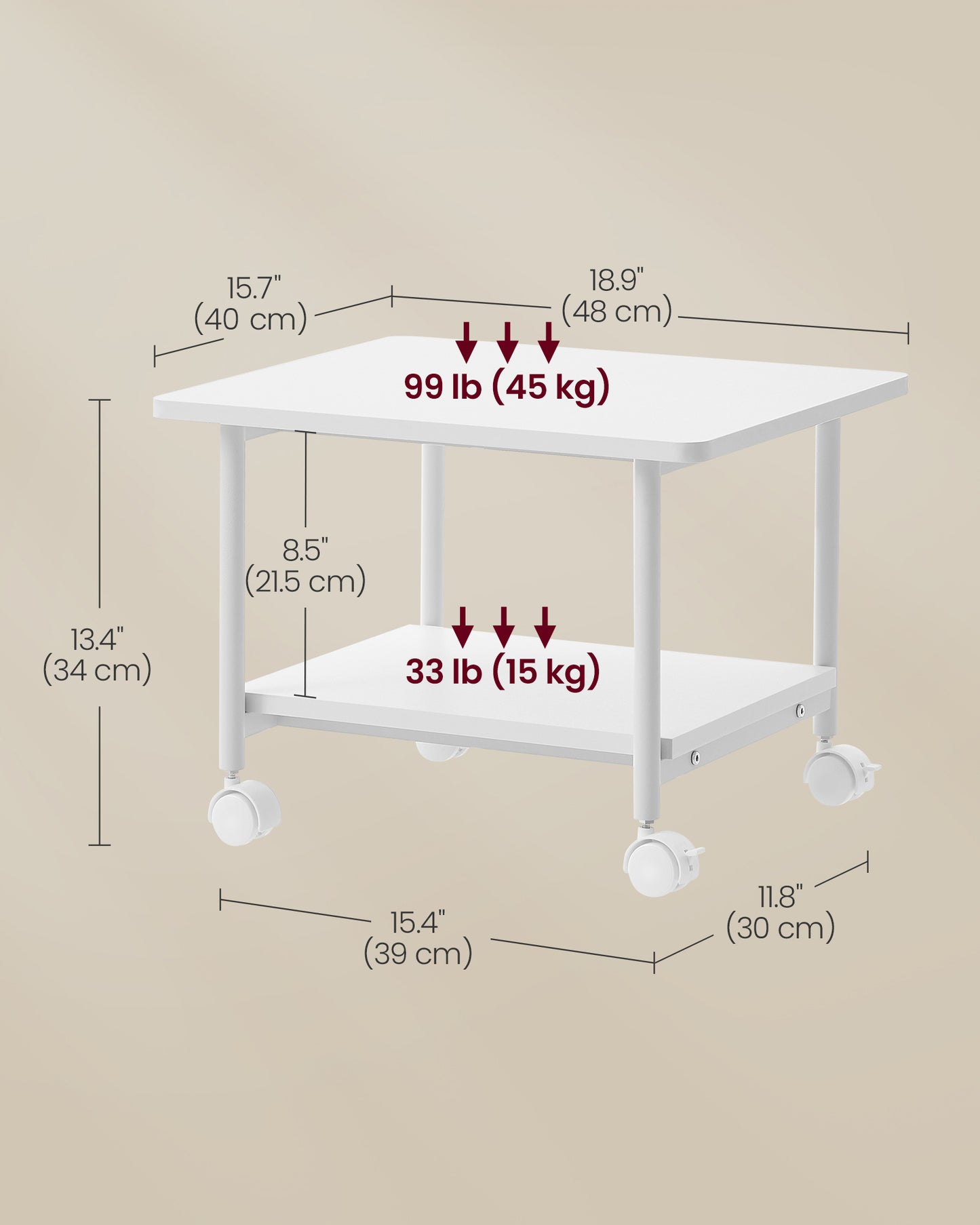 Printer Stand with Locking Wheels, 2-Tier Shelf, White