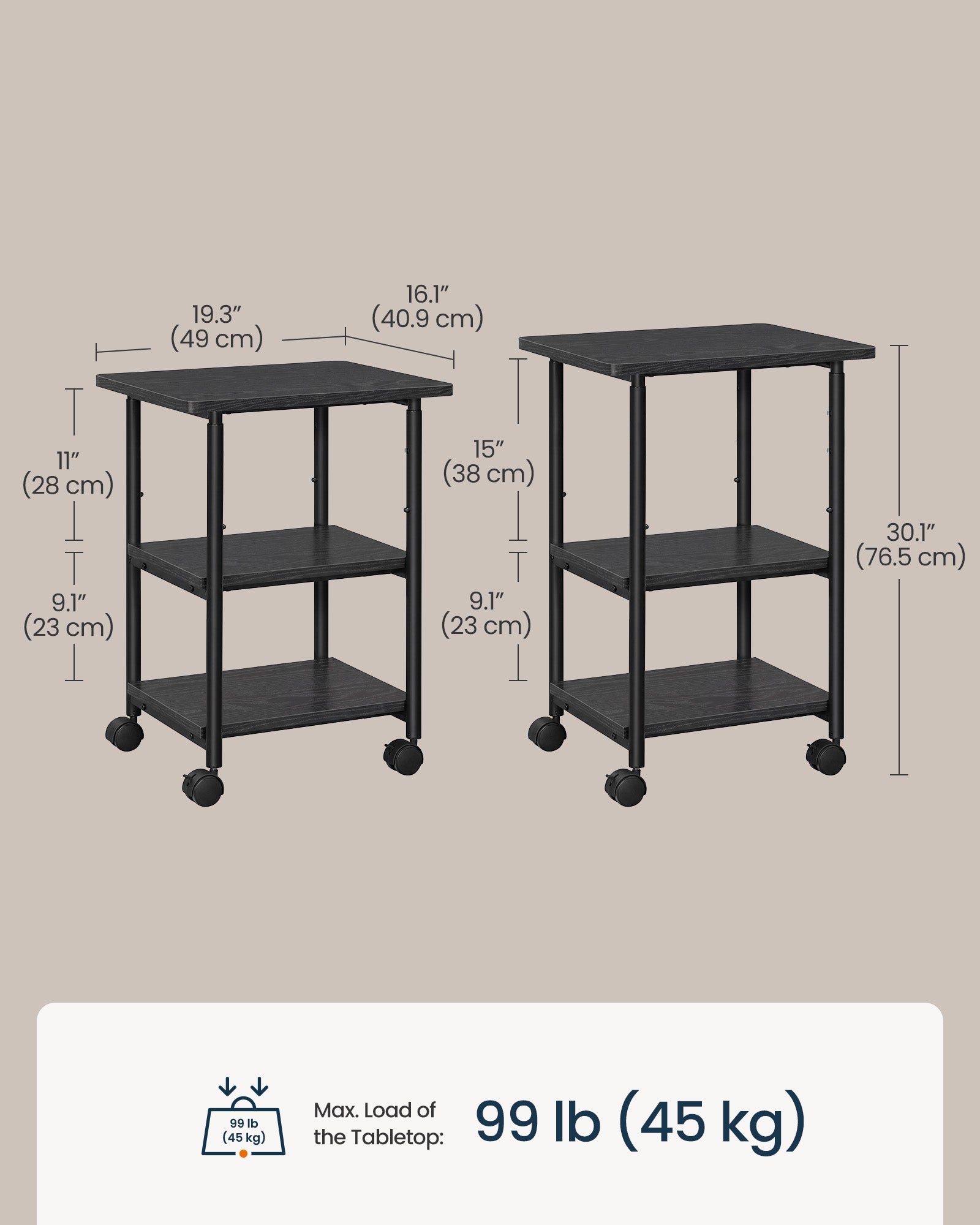 3-Tier Printer Stand with Locking Wheels, Printer Table, Storage Shelf, 19.3 x 16.1 x 30.1 inches - image 4