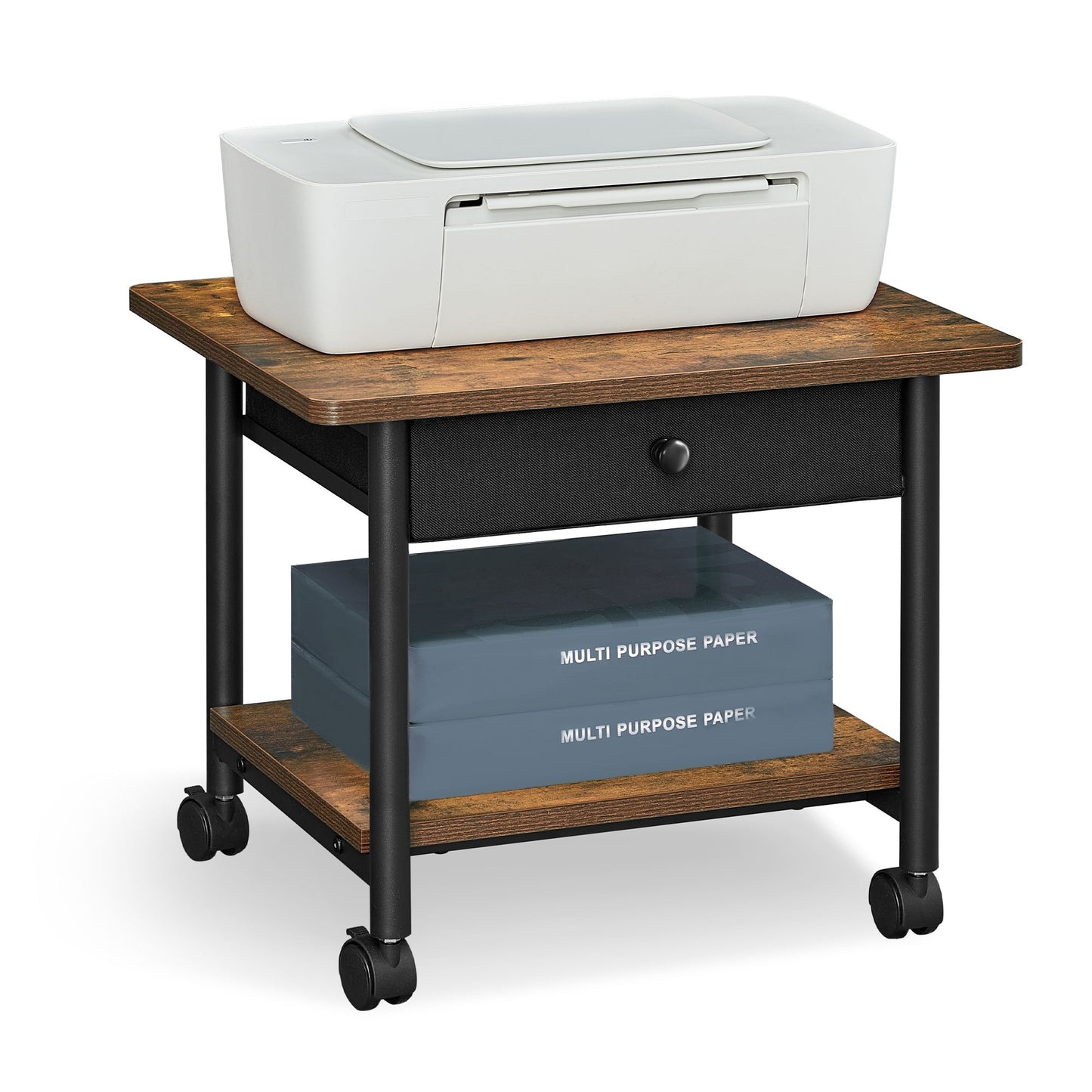 Heavy-Duty Printer Stand with Locking Wheels, Rustic Brown and Black