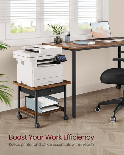 Heavy-Duty Printer Stand with Locking Wheels, Rustic Brown and Black