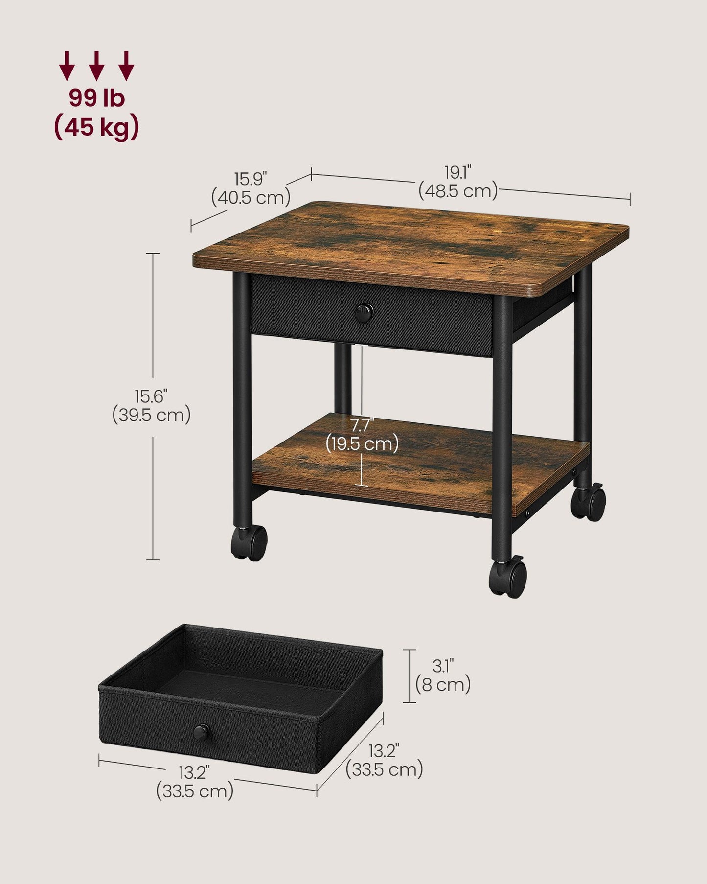 Heavy-Duty Printer Stand with Locking Wheels, Rustic Brown and Black