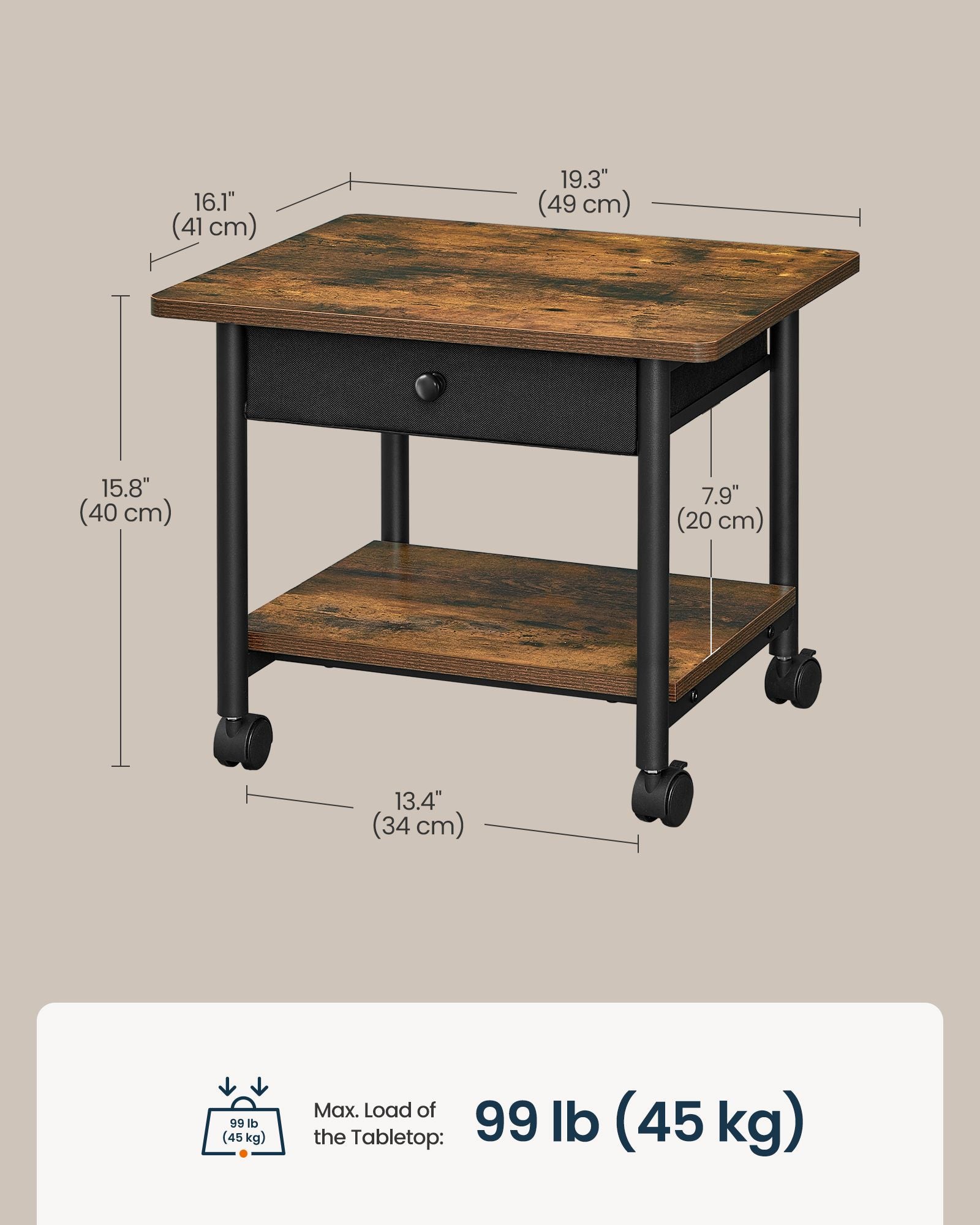 2-Tier Printer Stand, Locking Wheels, Drawer, Printer Table, Storage Shelf, 19.3 x 16.1 x 15.8 inches - image 7