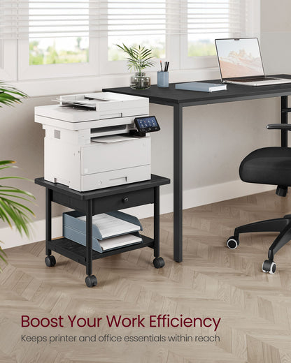 Printer Stand with Locking Wheels, 2-Tier Shelf, Ebony Black and Black