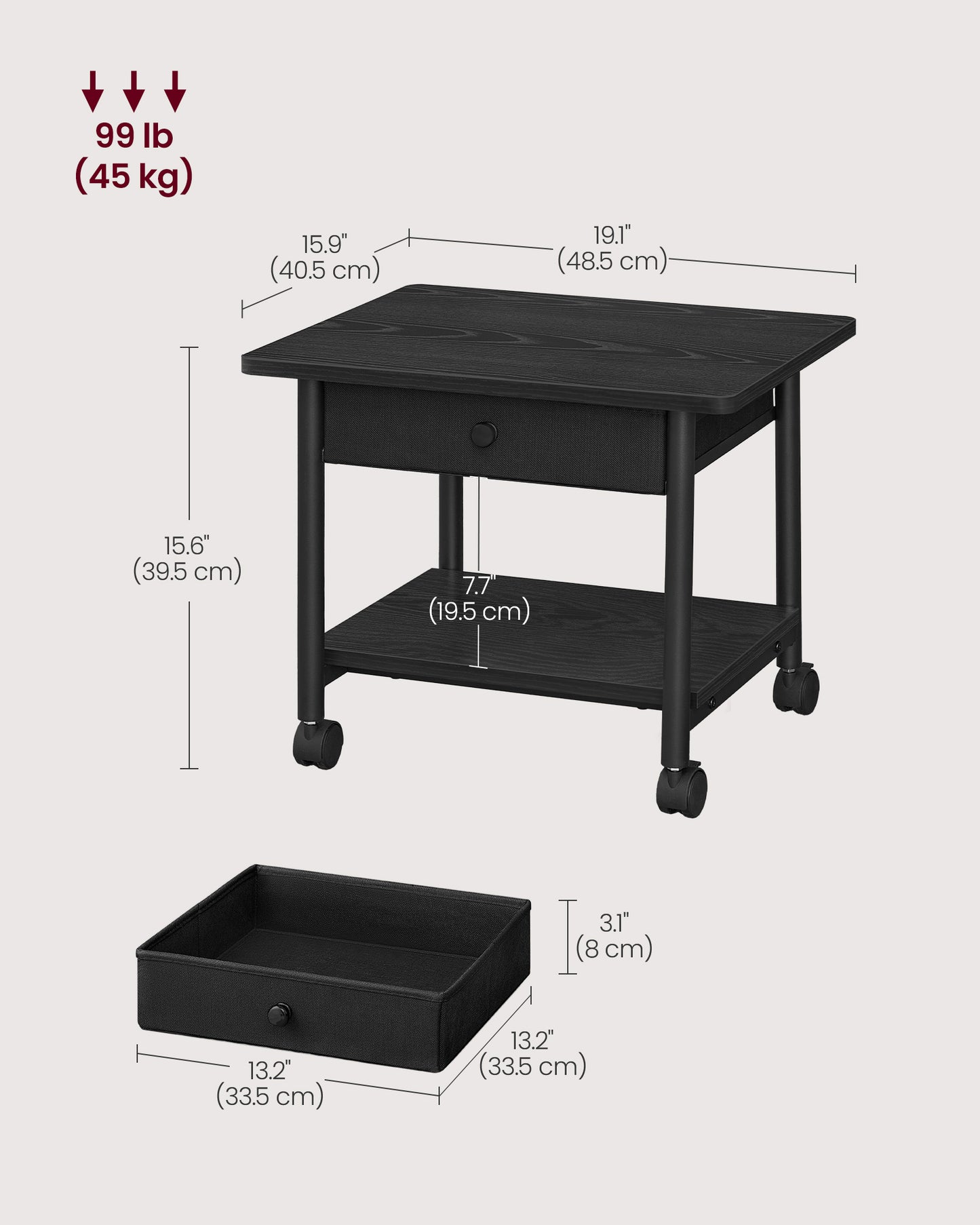 Printer Stand with Locking Wheels, 2-Tier Shelf, Ebony Black and Black